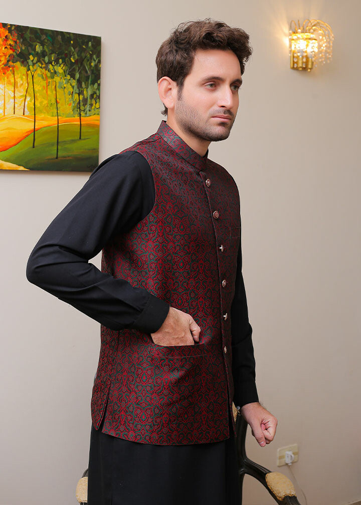 jamawar Waistcoat in Maroon