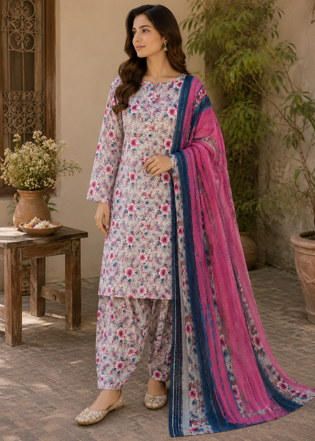 swiss lawn Unstitched in Blue, bubblegum pink