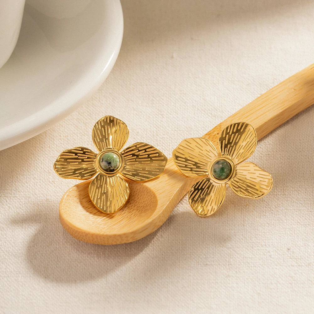 Vintage Flower Inlaid Natural Stone Stud Earrings