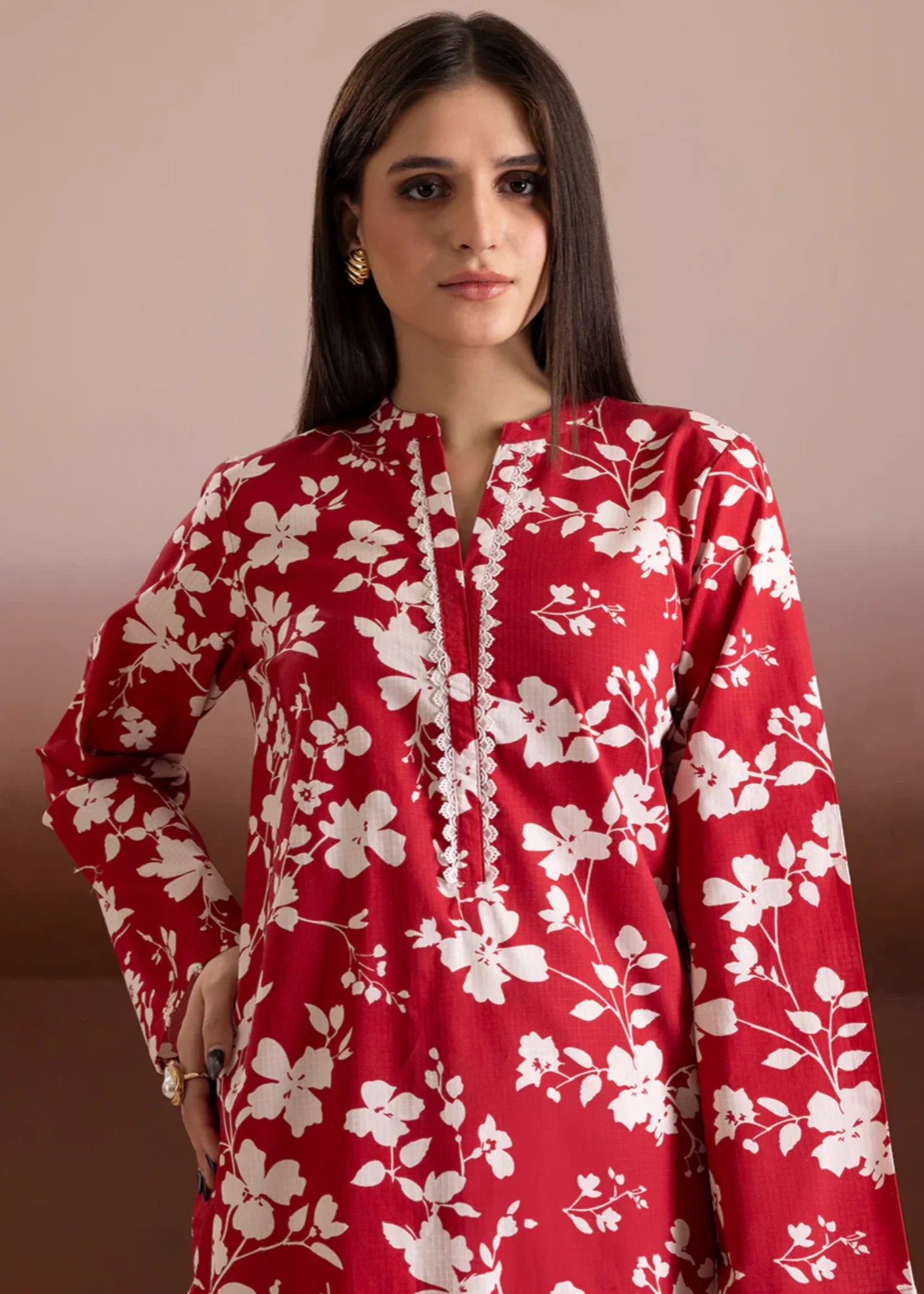 cambric Kurta Set in Red, white