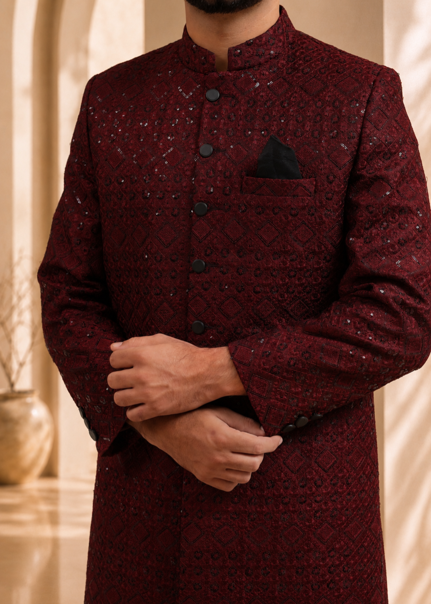 jamawar Sherwani in Maroon by The Great Masters (TGM)