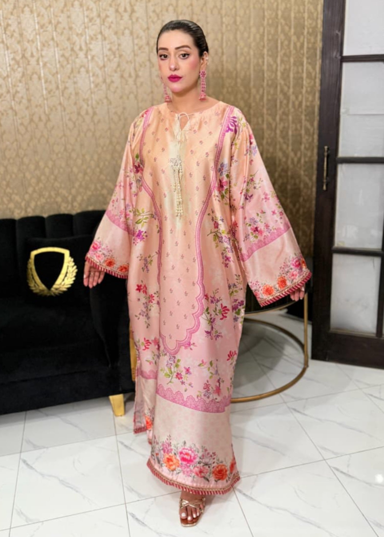 silk charmeuse Kaftan in Peach pink