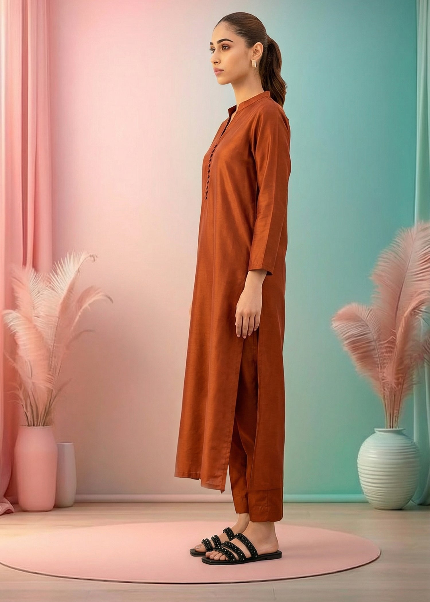 slub lawn Kurta Set in Orange