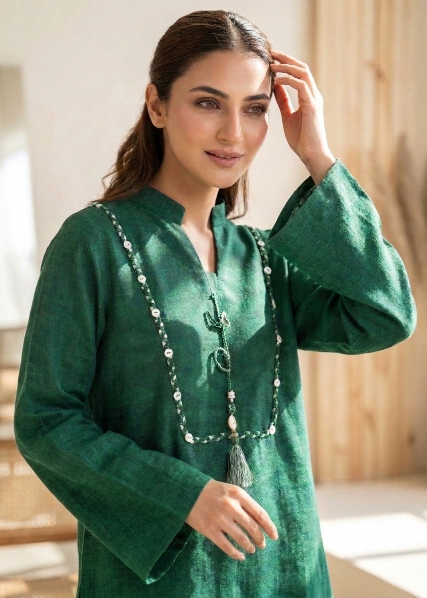 jacquard Kurta Set in Bottle green