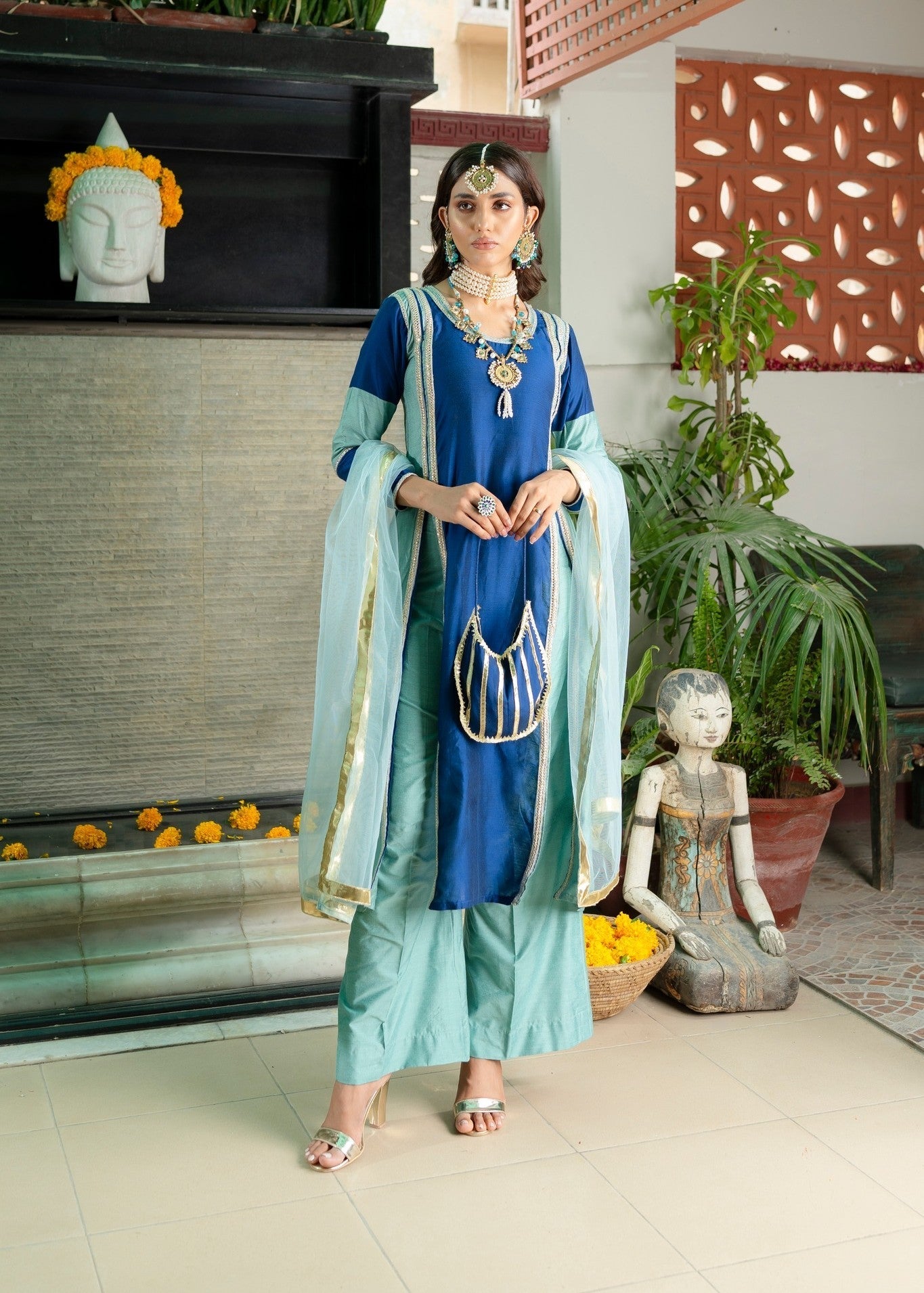 banarsi silk Kurta Set in Blue