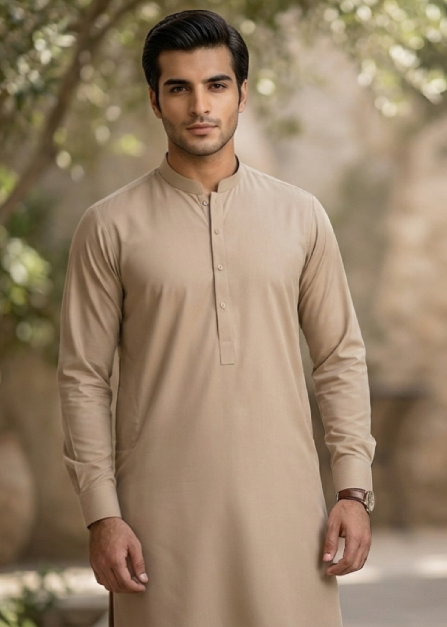 wash & wear Shalwar Kameez in Beige by Waqar Mustafa