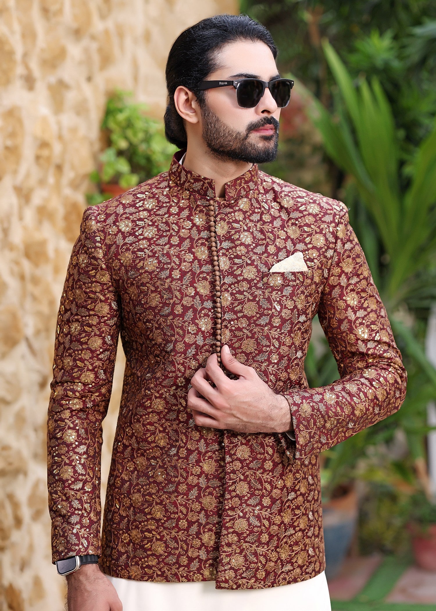 jamawar Prince Coat in Carmine