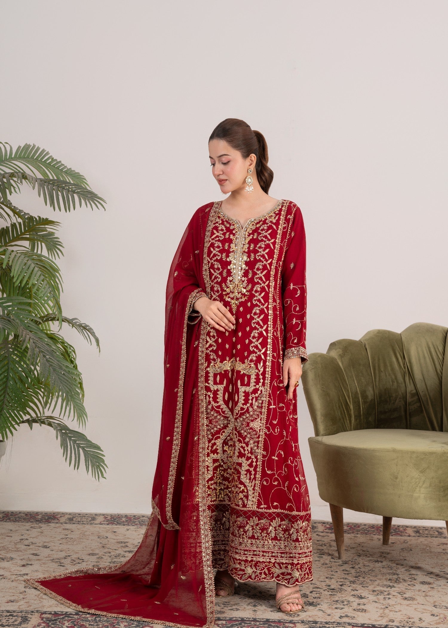 chiffon Pishwas in Rose red