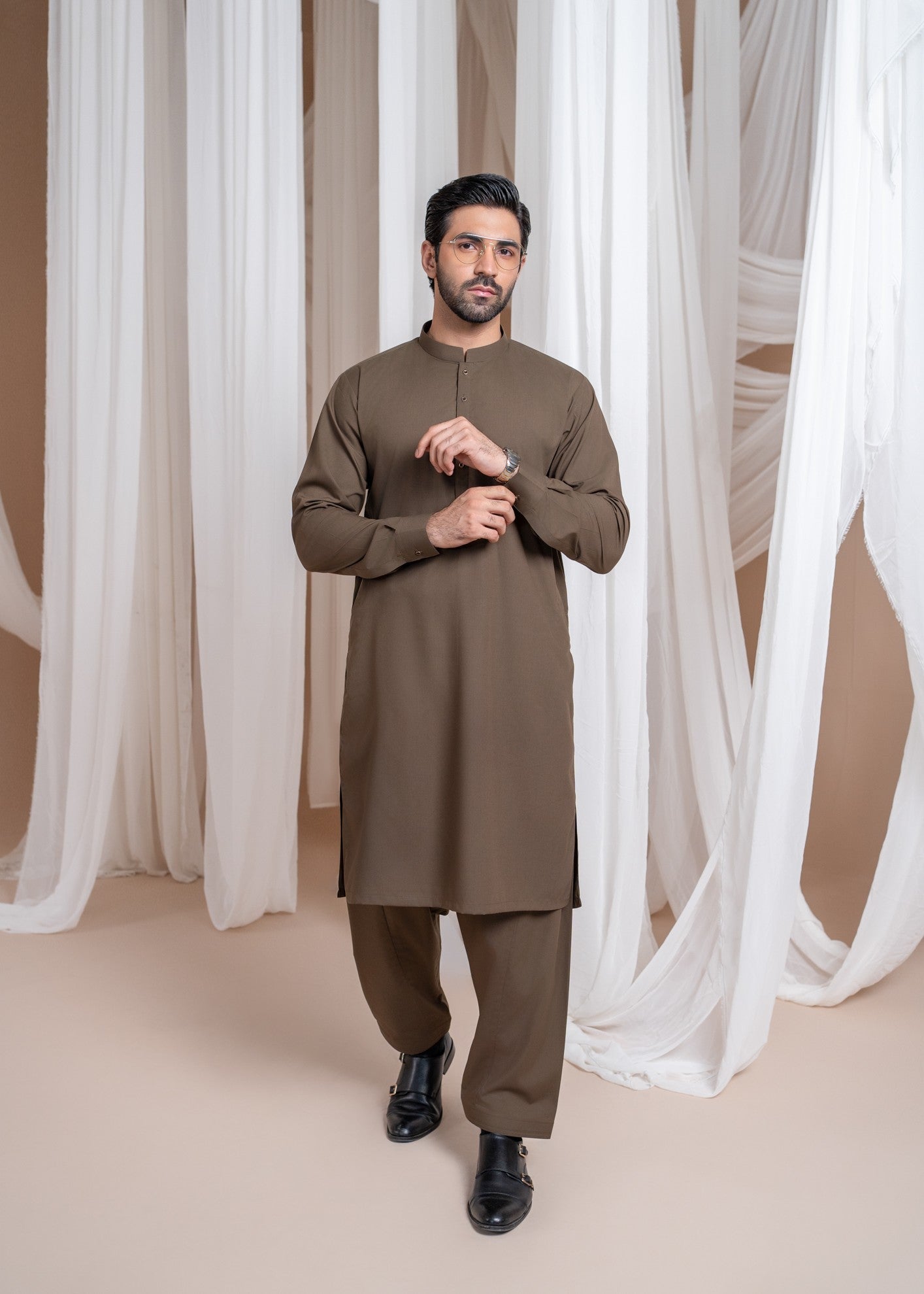 wash & wear Shalwar Kameez in Brown by Muraqsh