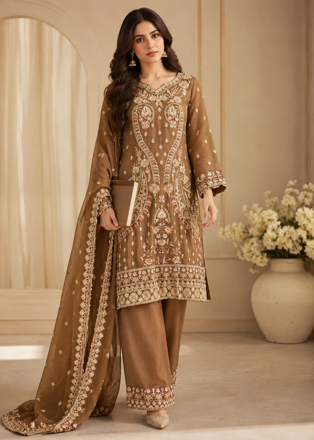 chiffon Kurta Set in Golden brown