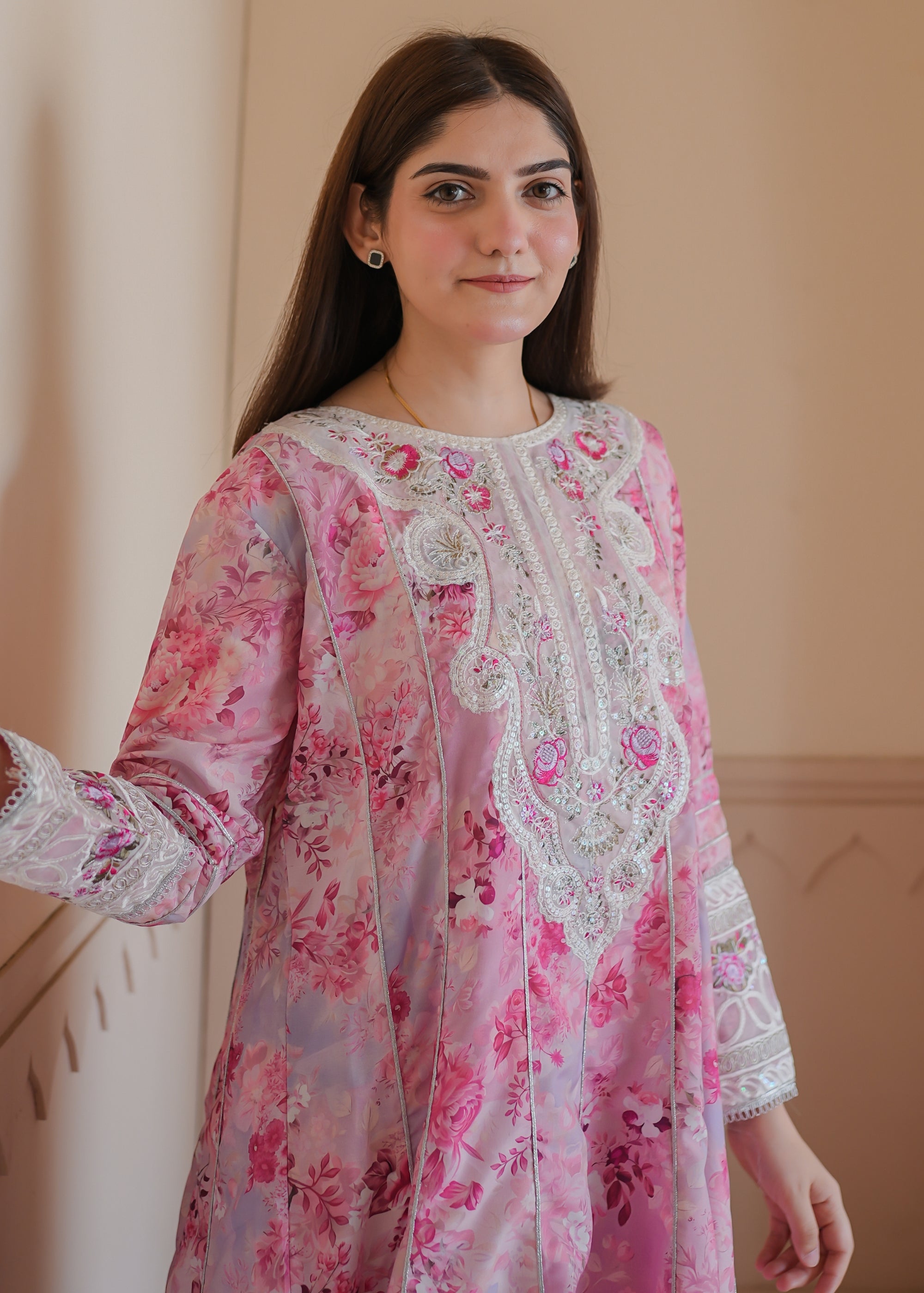 poly lawn Short Frock in Lavender pink