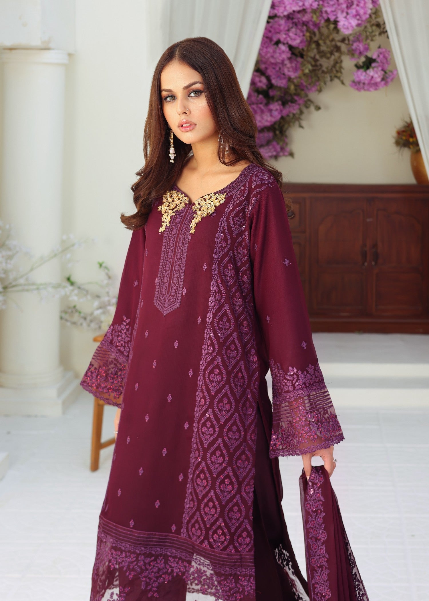 bemberg crinkle chiffon Kurta Set in Burgundy