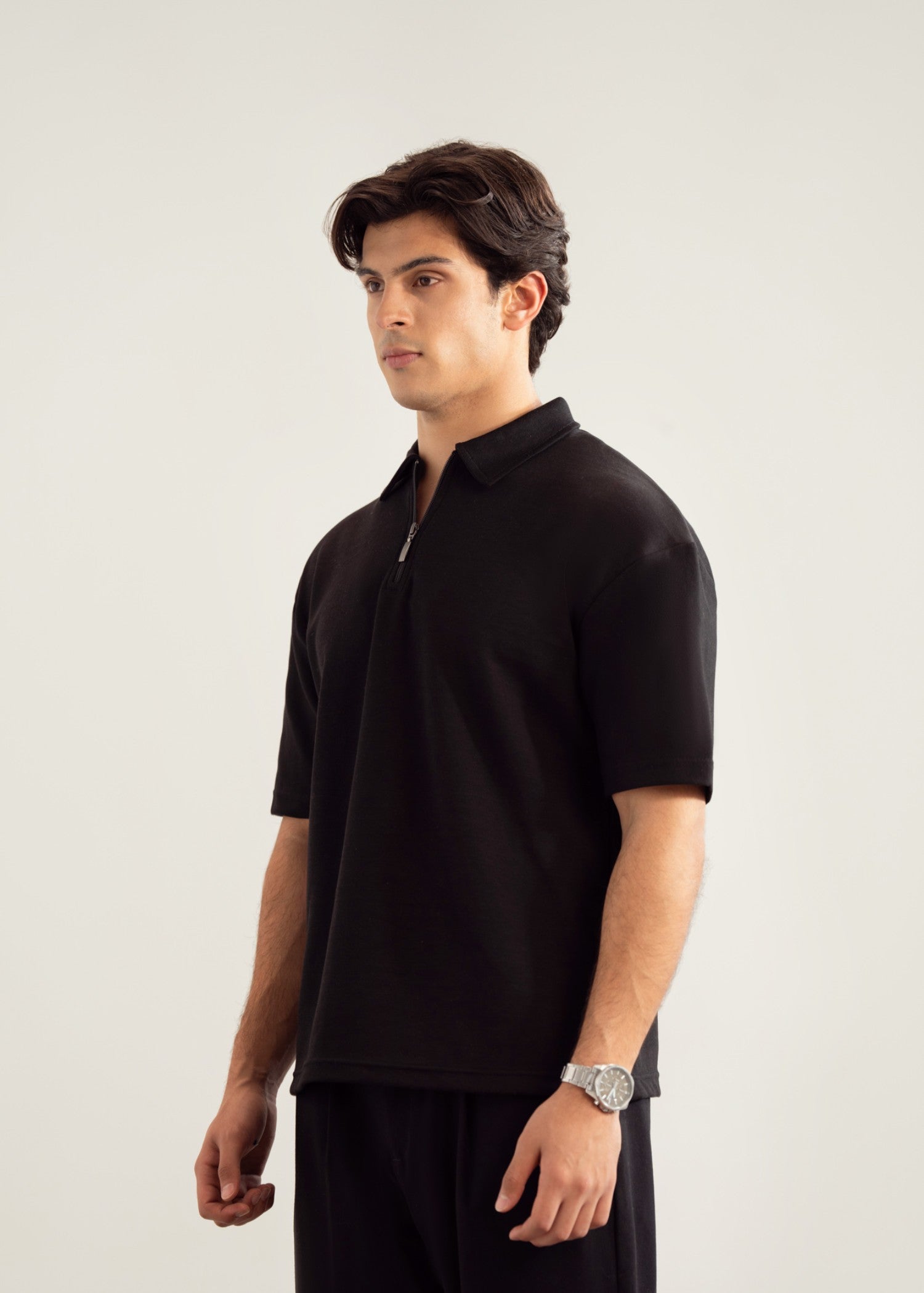 interlock knit Polo Shirt in Black