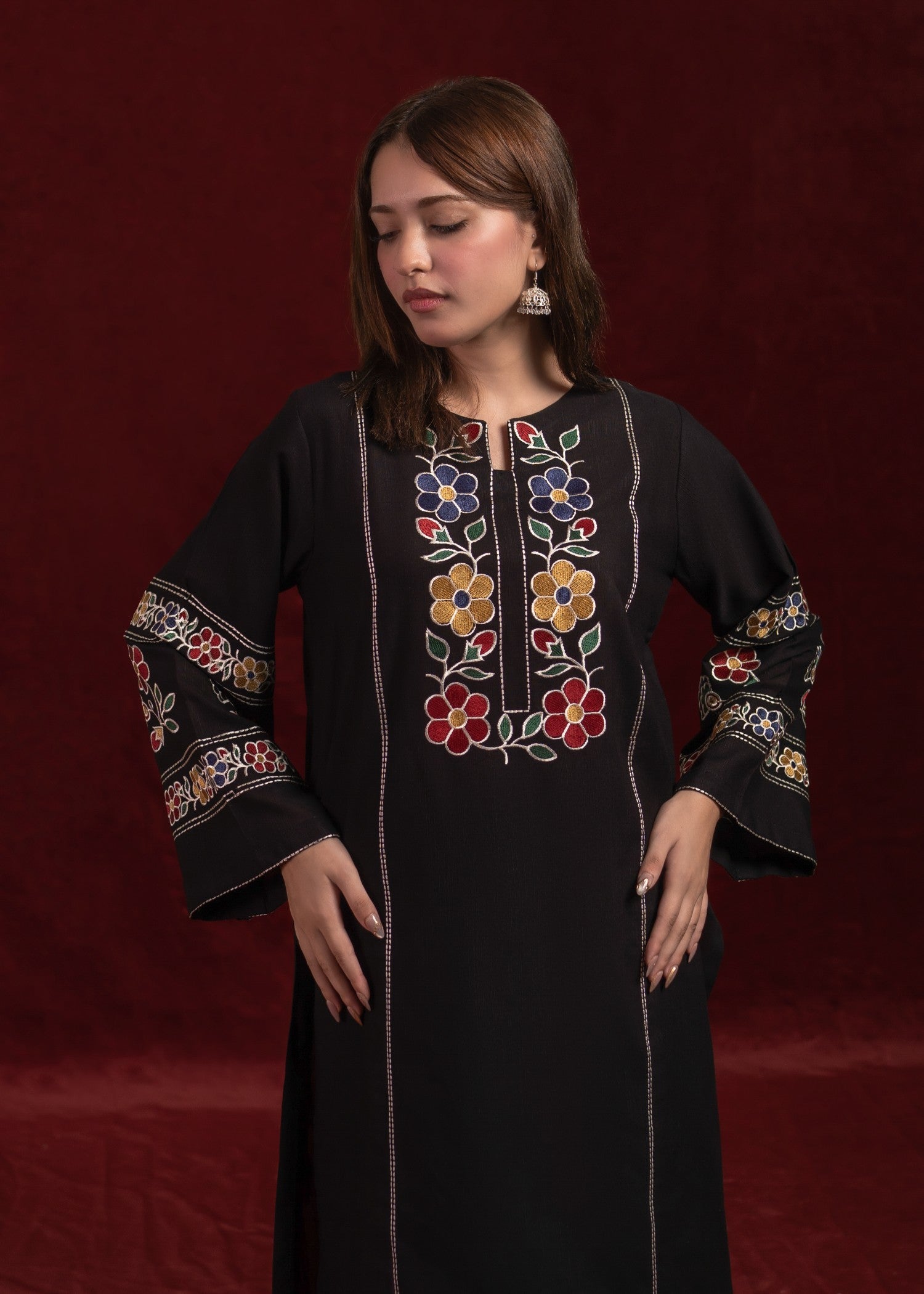 slub khaddar Kurta Set in Black