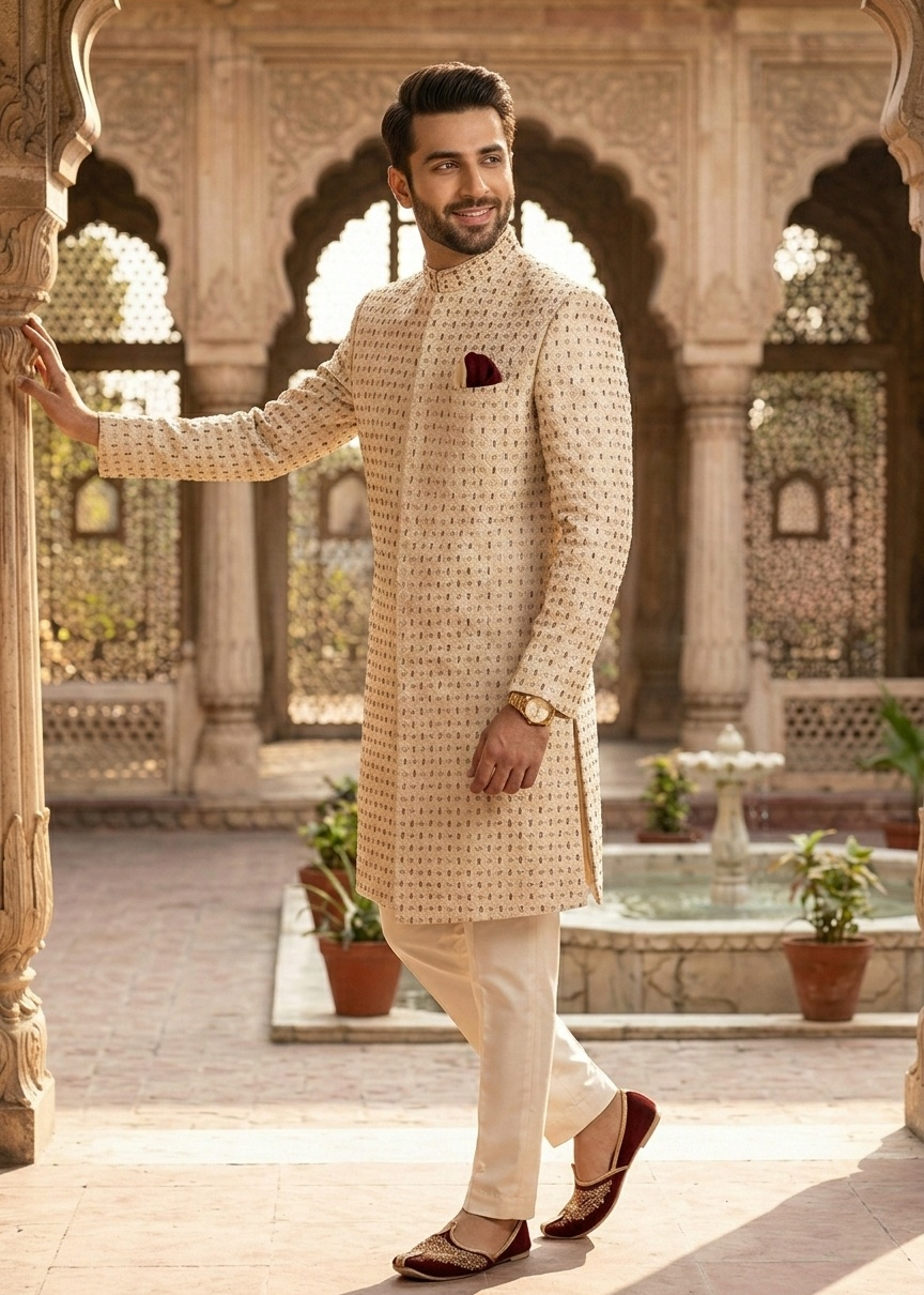 silk Sherwani in Ivory