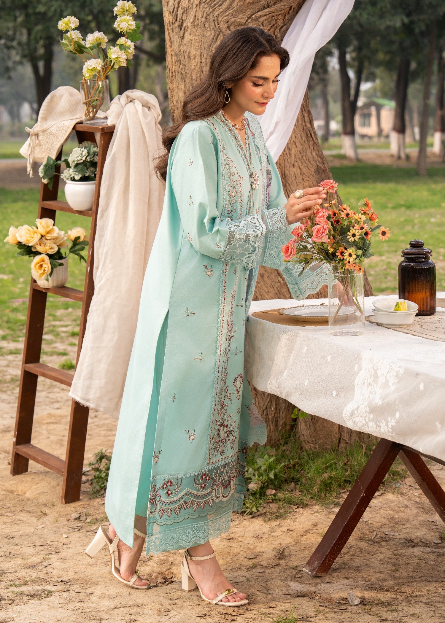 lawn Kurta Set in Light cyan