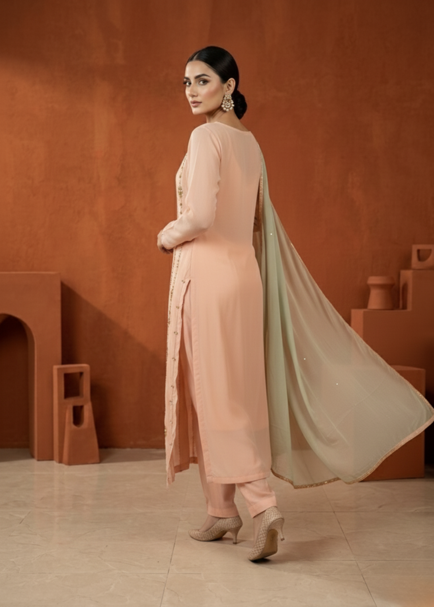 chiffon Kurta Set in Peach pink, pastel green