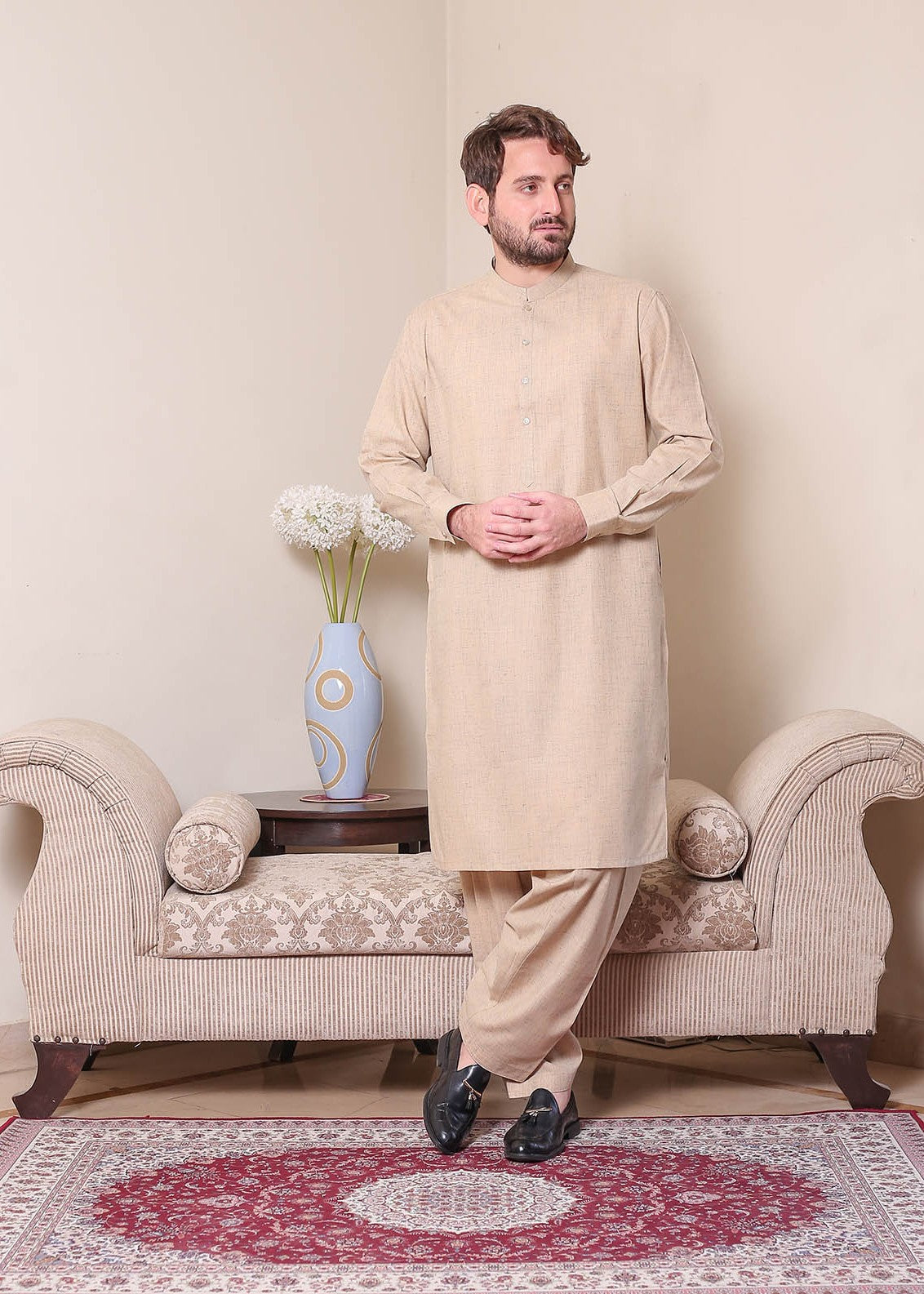 textured wash & wear Shalwar Kameez in Camel brown