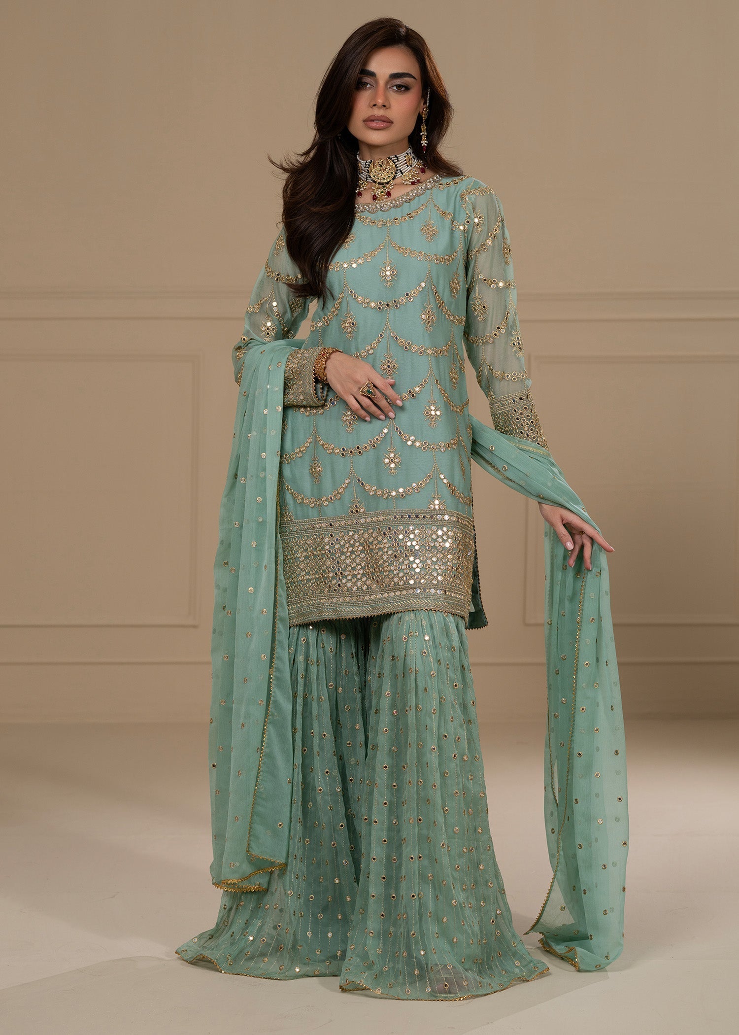 chiffon Gharara in Aquamarine