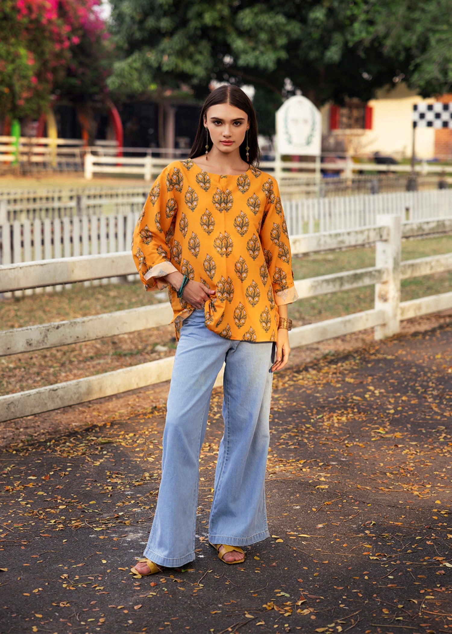 silk finish lawn Top in Orange
