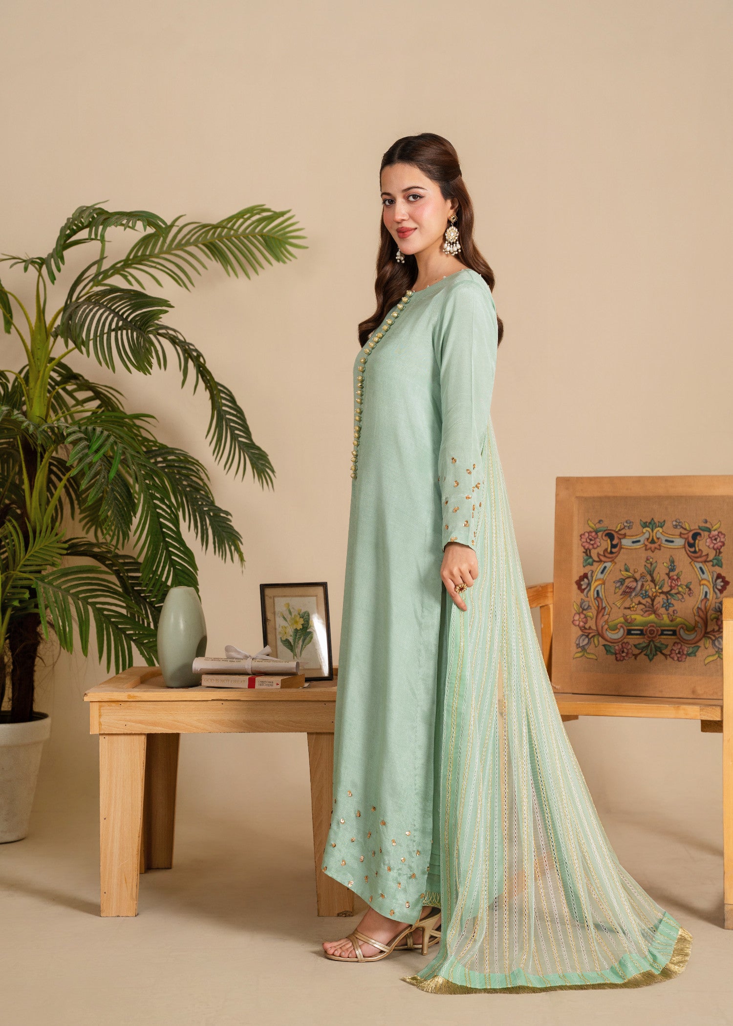 viscose raw silk Kurta Set in Moss green