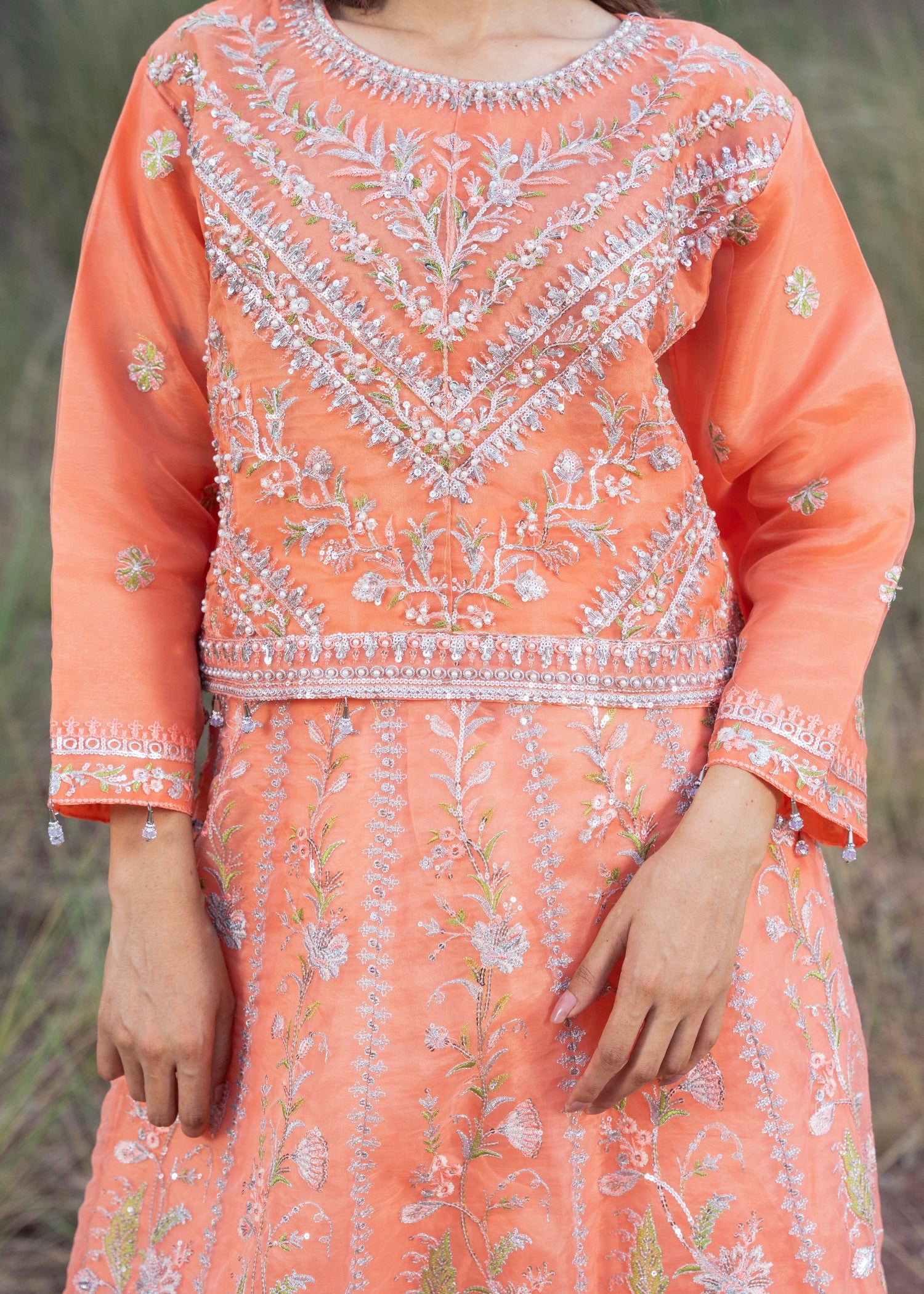 organza Lehenga in Peach orange