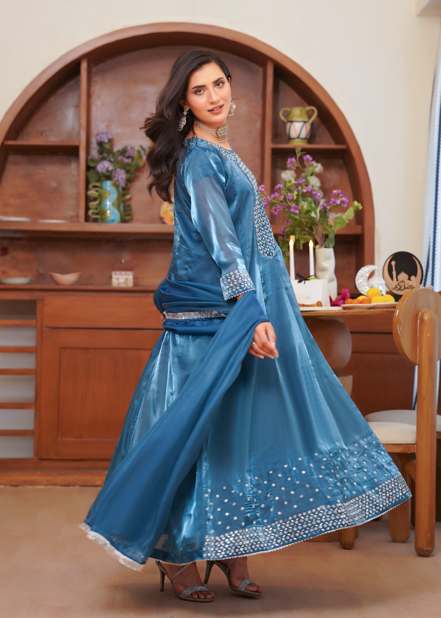 silk tissue Pishwas in Royal blue