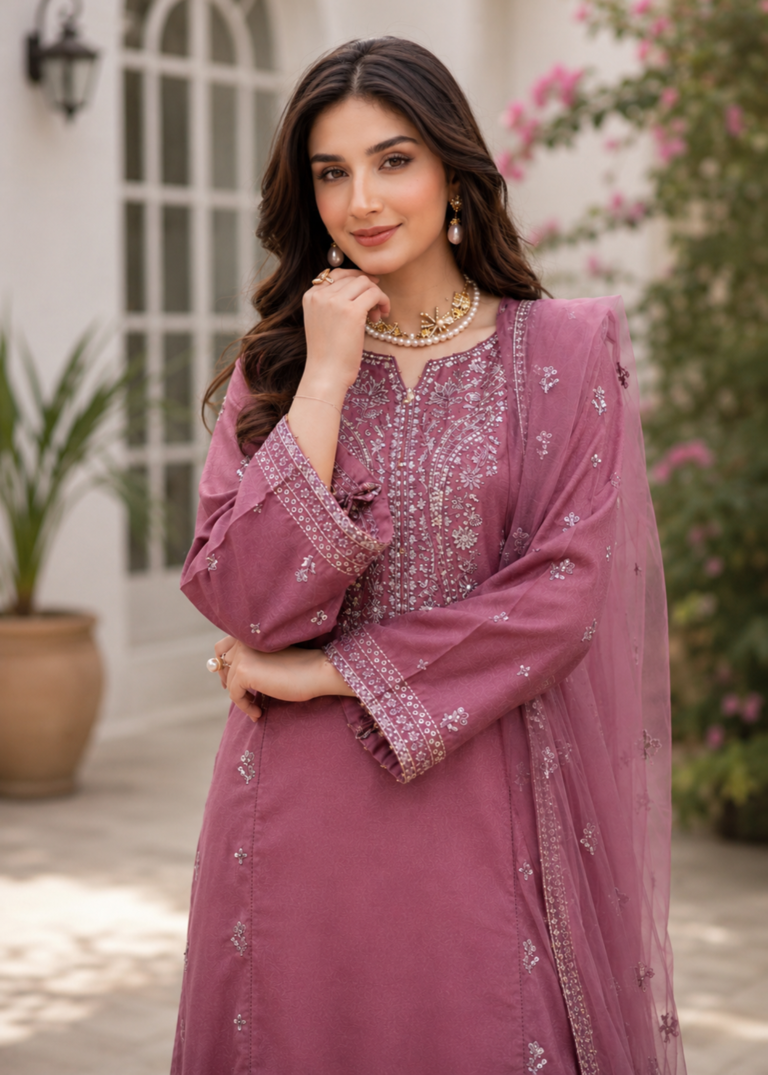 linen Kurta Set in Hot pink red