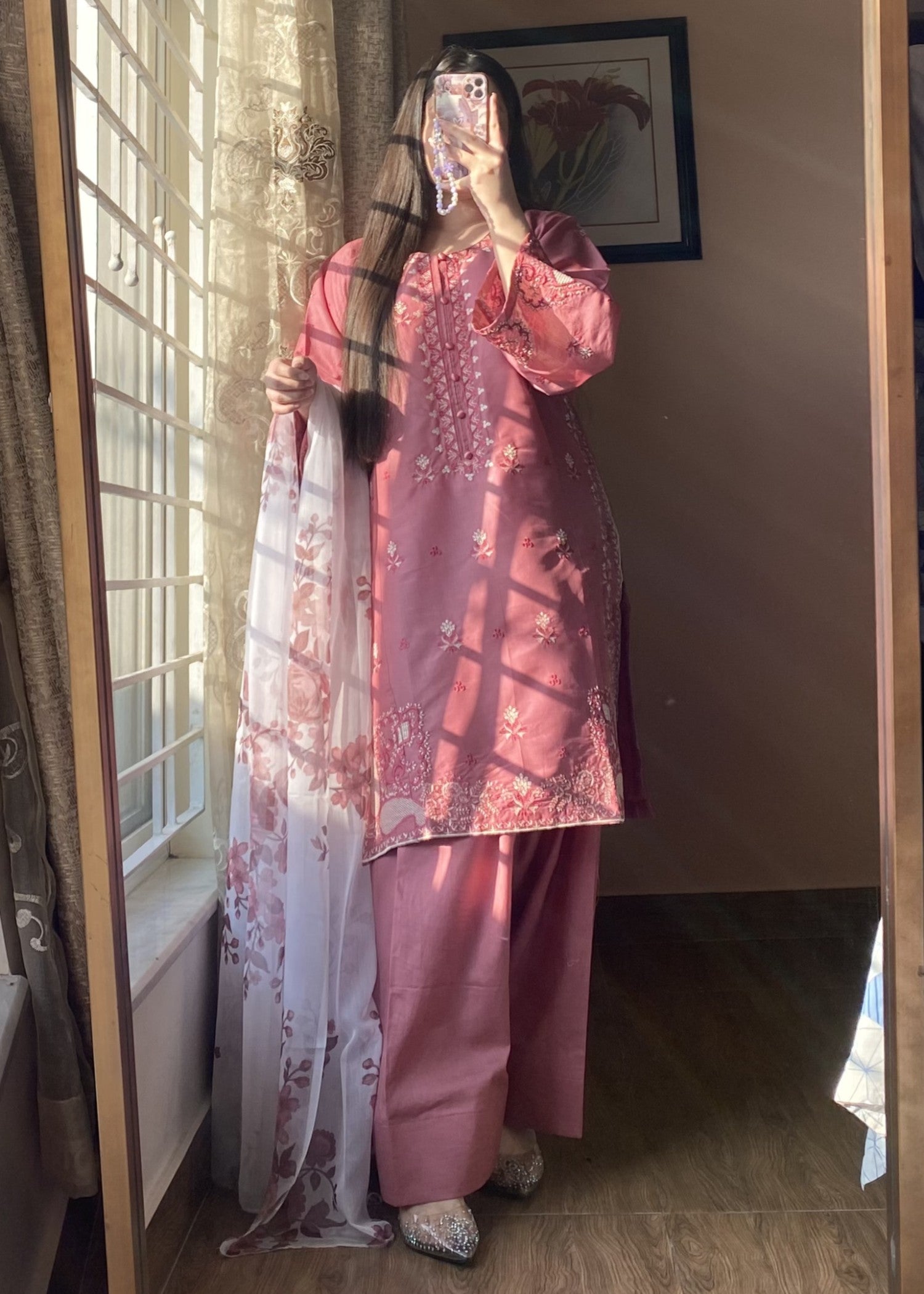 lawn Kurta Set in Tea rose pink