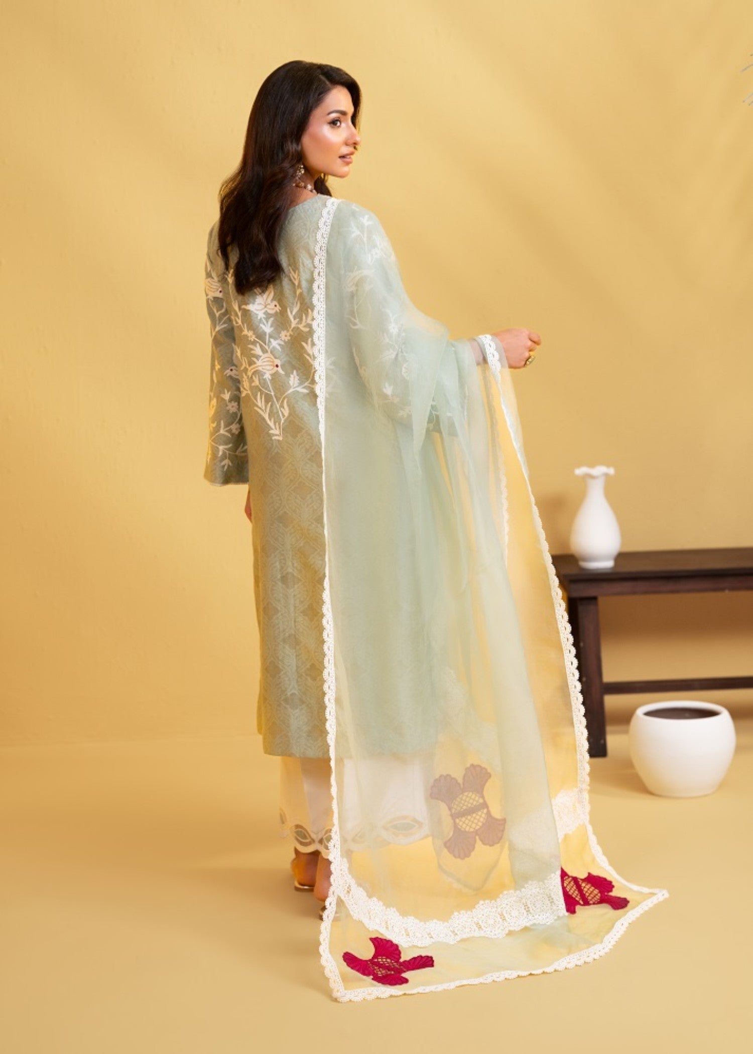 jacquard Kurta Set in Sage green