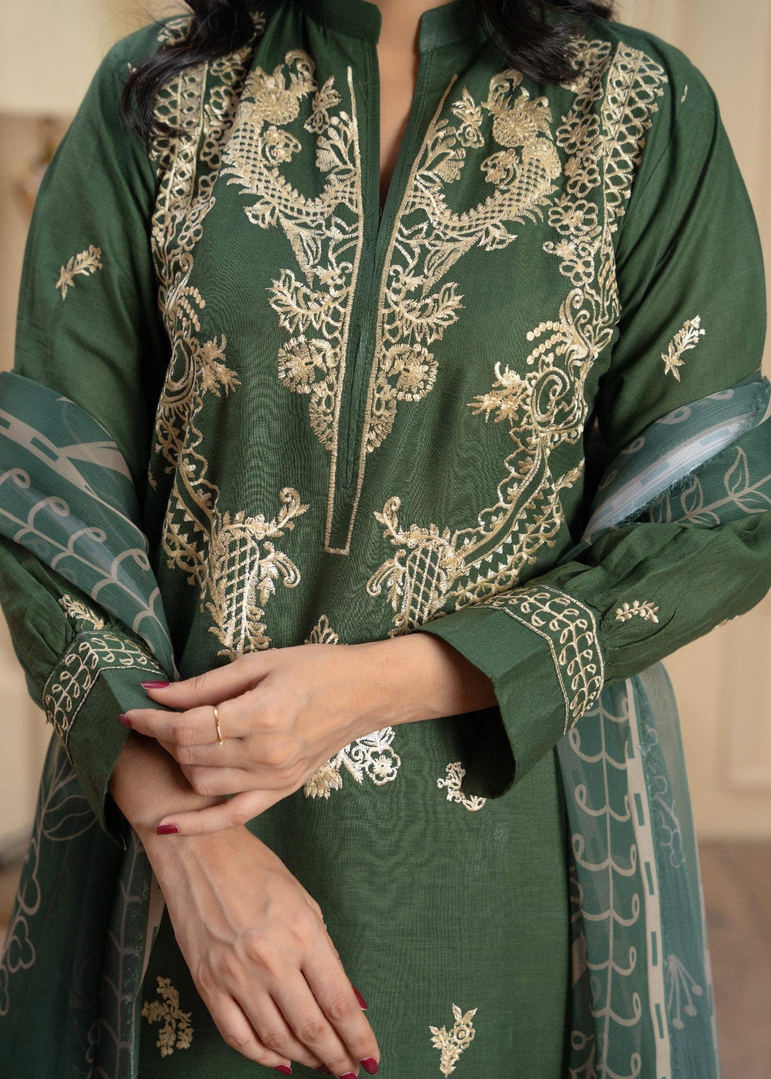 cambric Kurta Set in Olive green