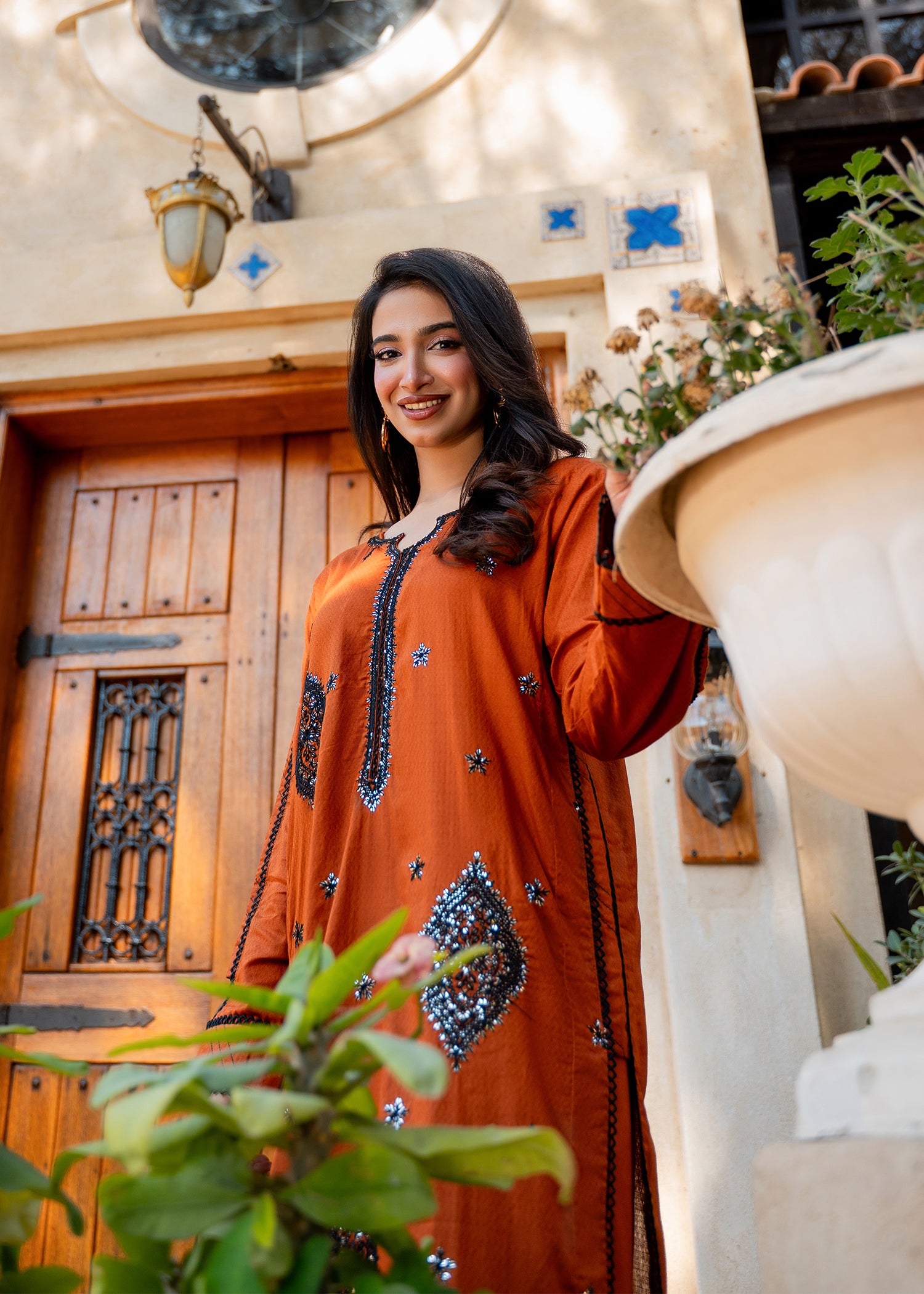 jacquard Kurta Set in Yellow-orange