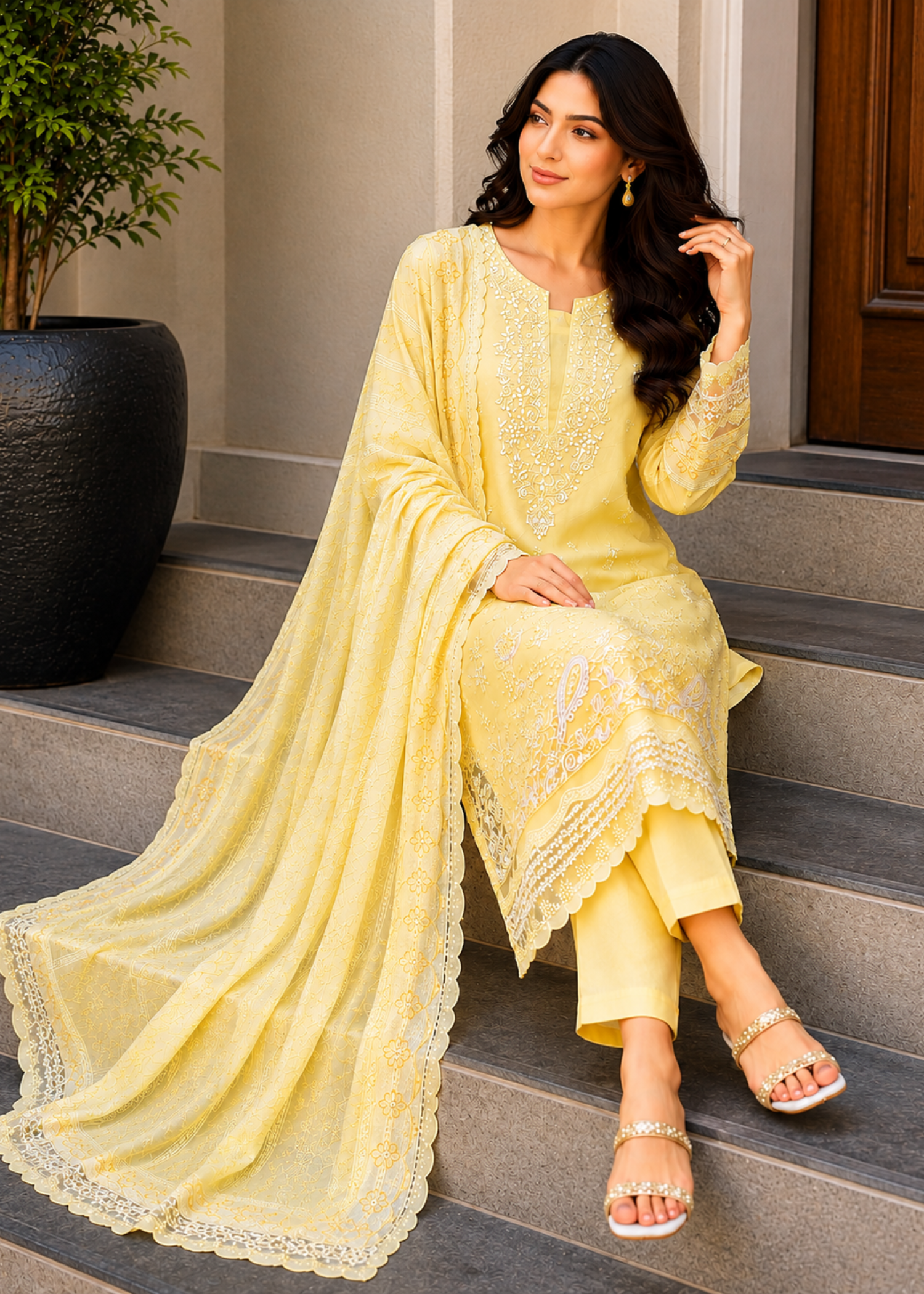lawn cotton Kurta Set in Lemon, butter