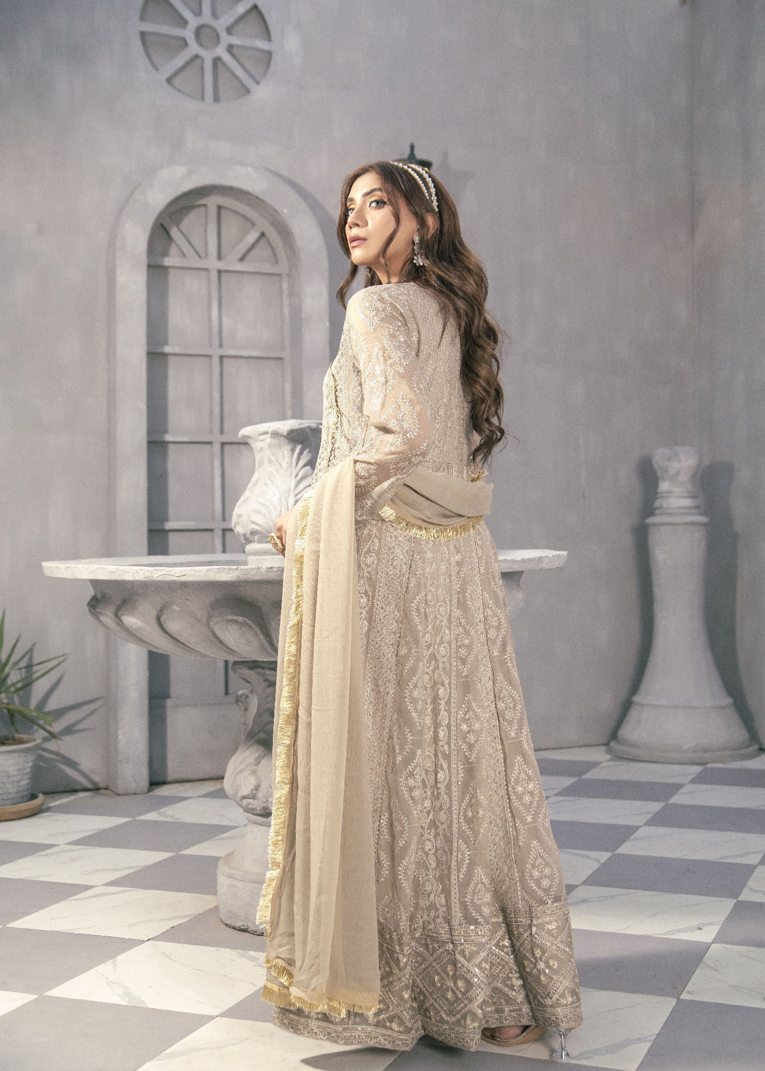 chiffon Angrakha in Beige
