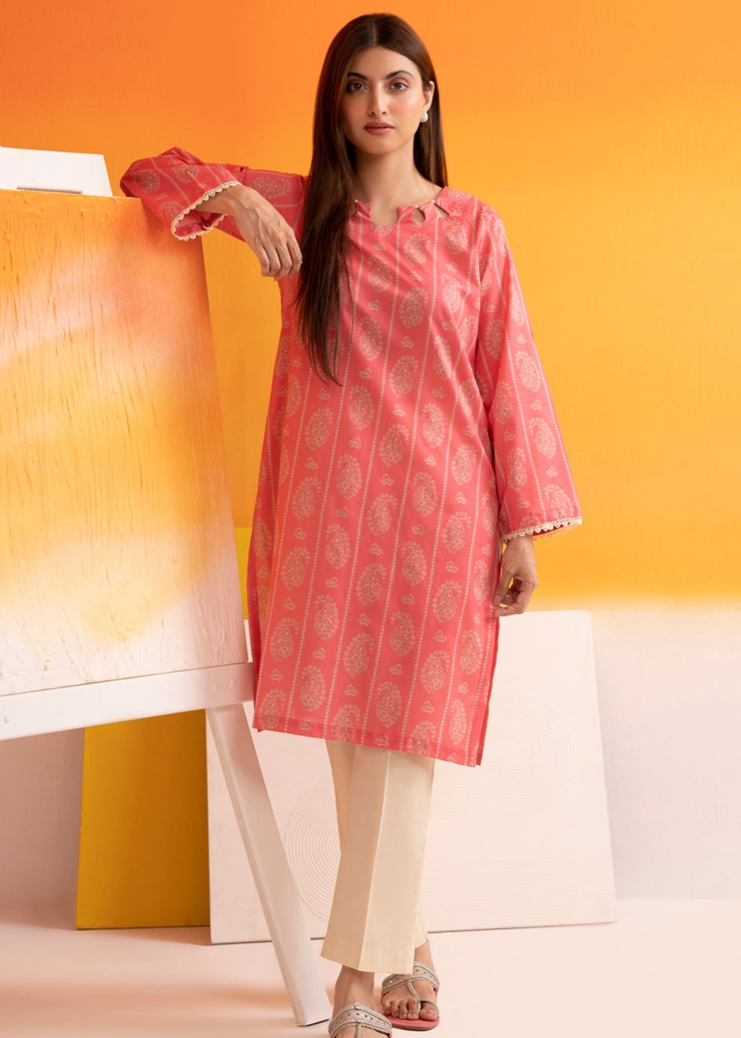 lawn Kurti in Salmon