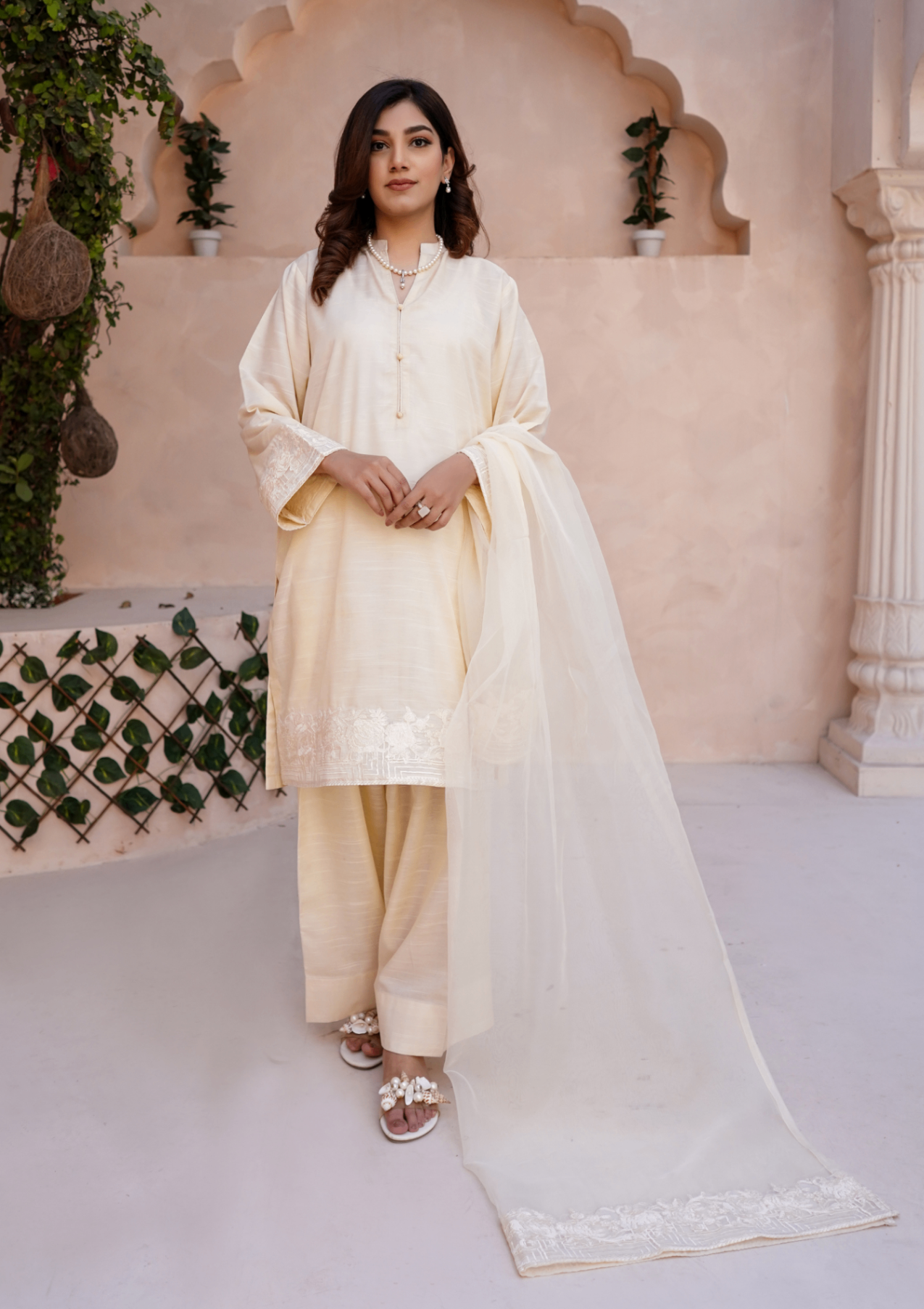 viscose raw silk Kurta Set in Cream