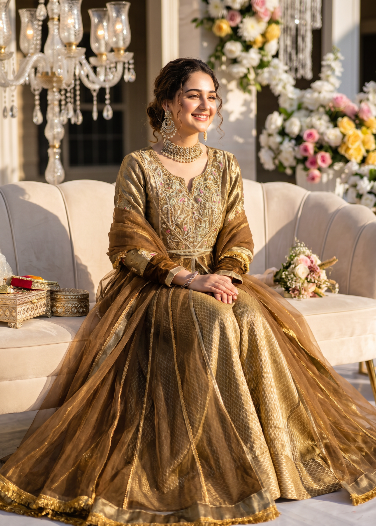 zari net Pishwas in Golden brown