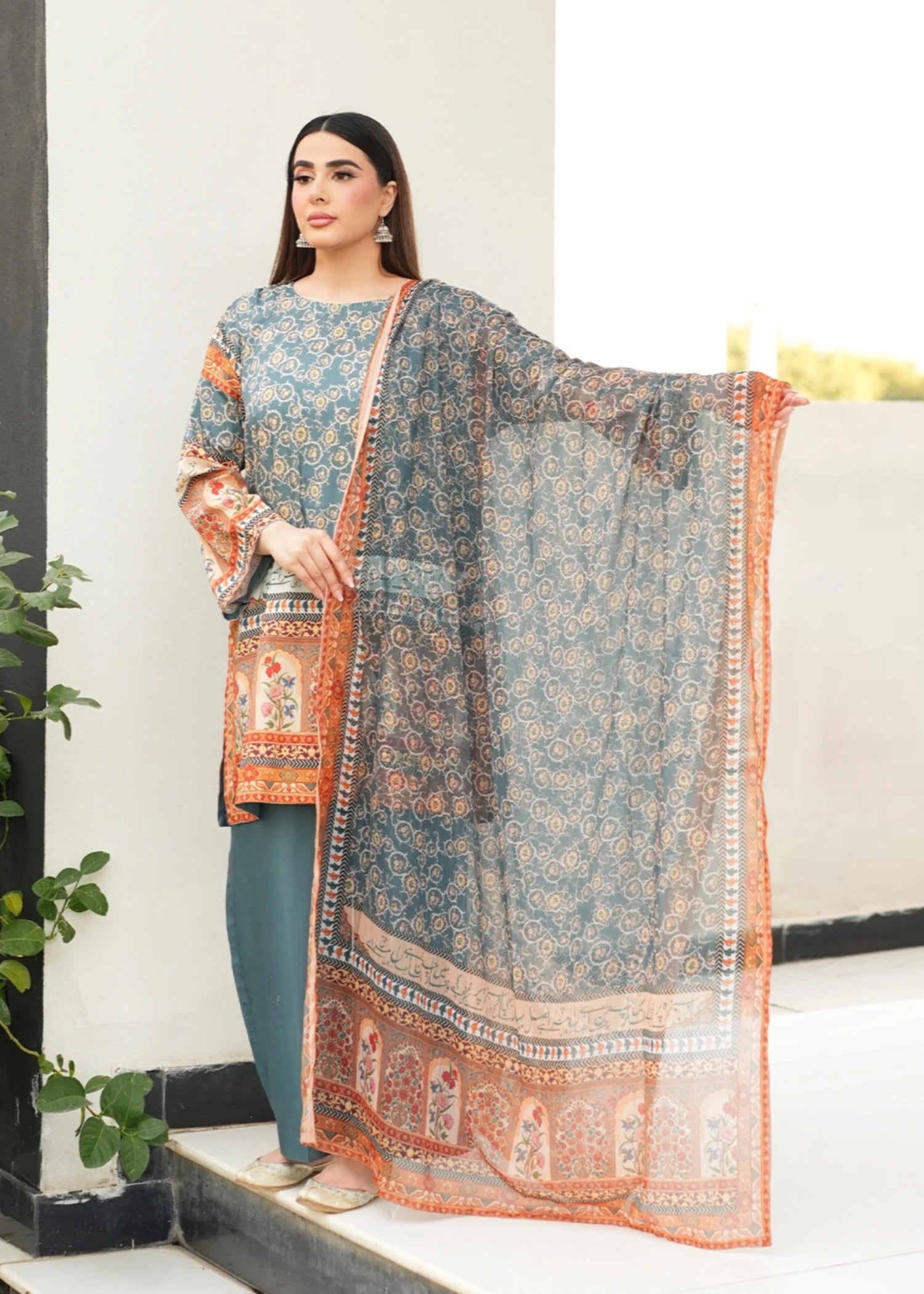 polyester crepe Kurta Set in Steel teal