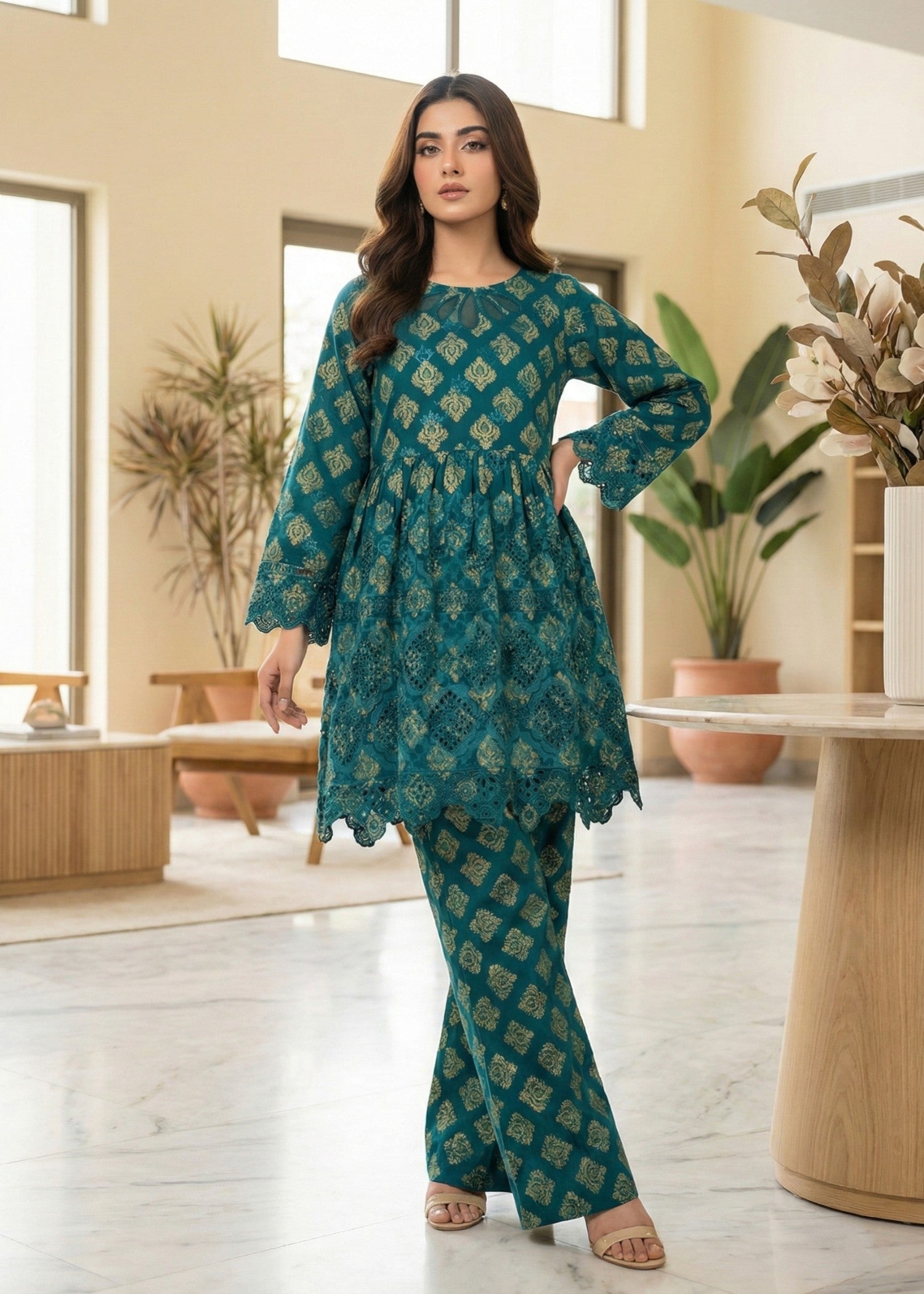 lawn Short Frock in Teal