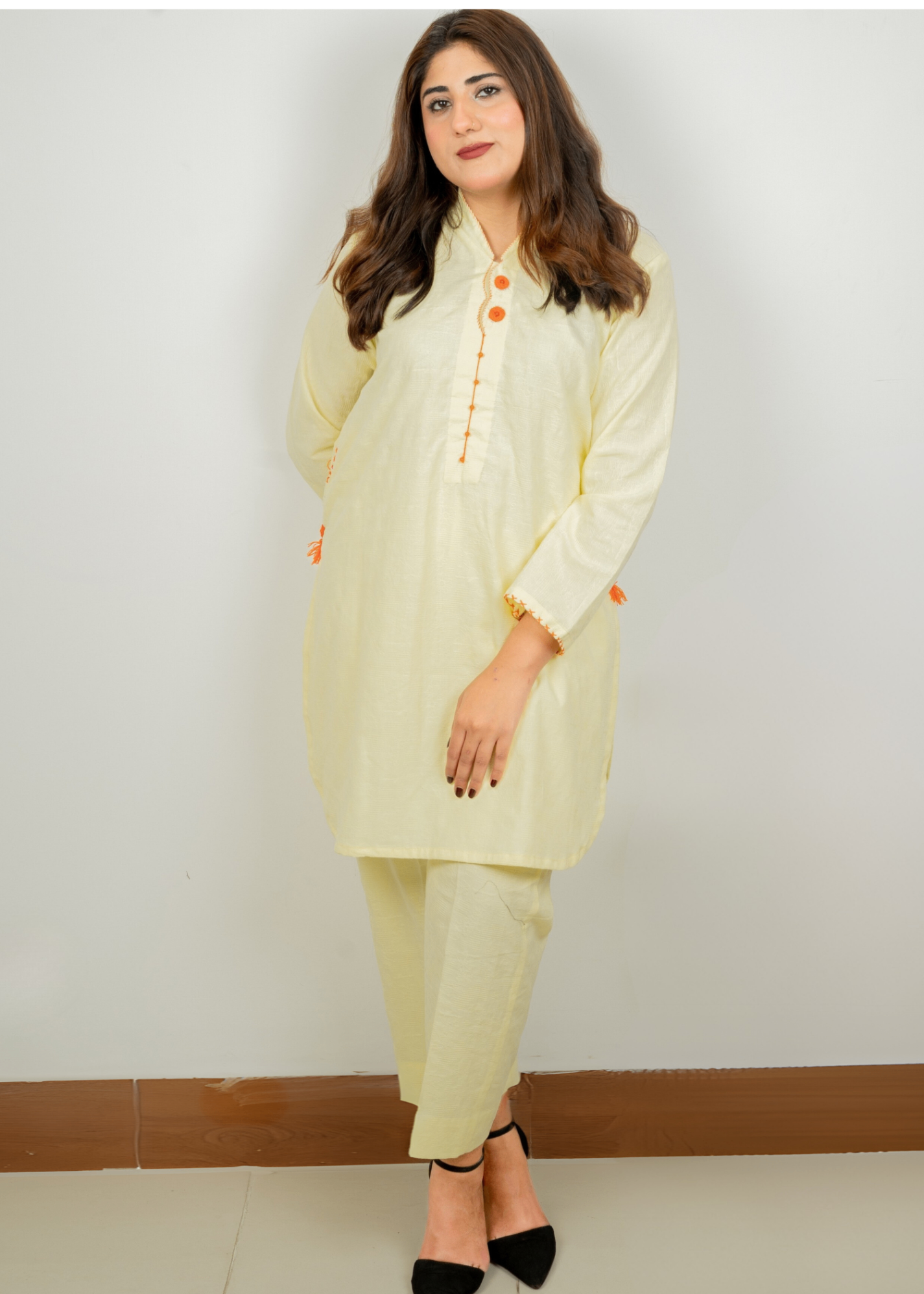 cotton jacquard Kurta Set in Lemon