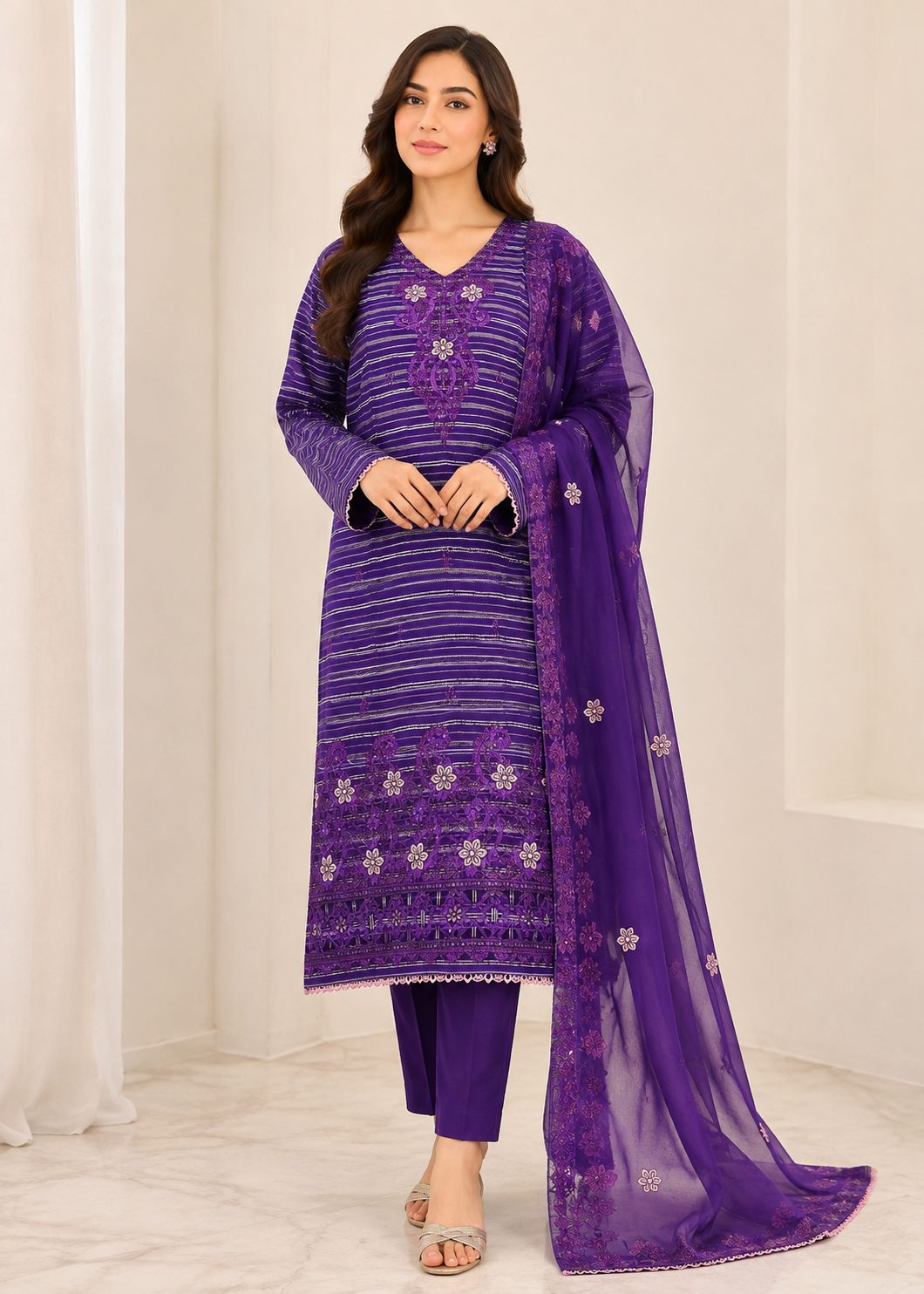 linen Kurta Set in Purple heart