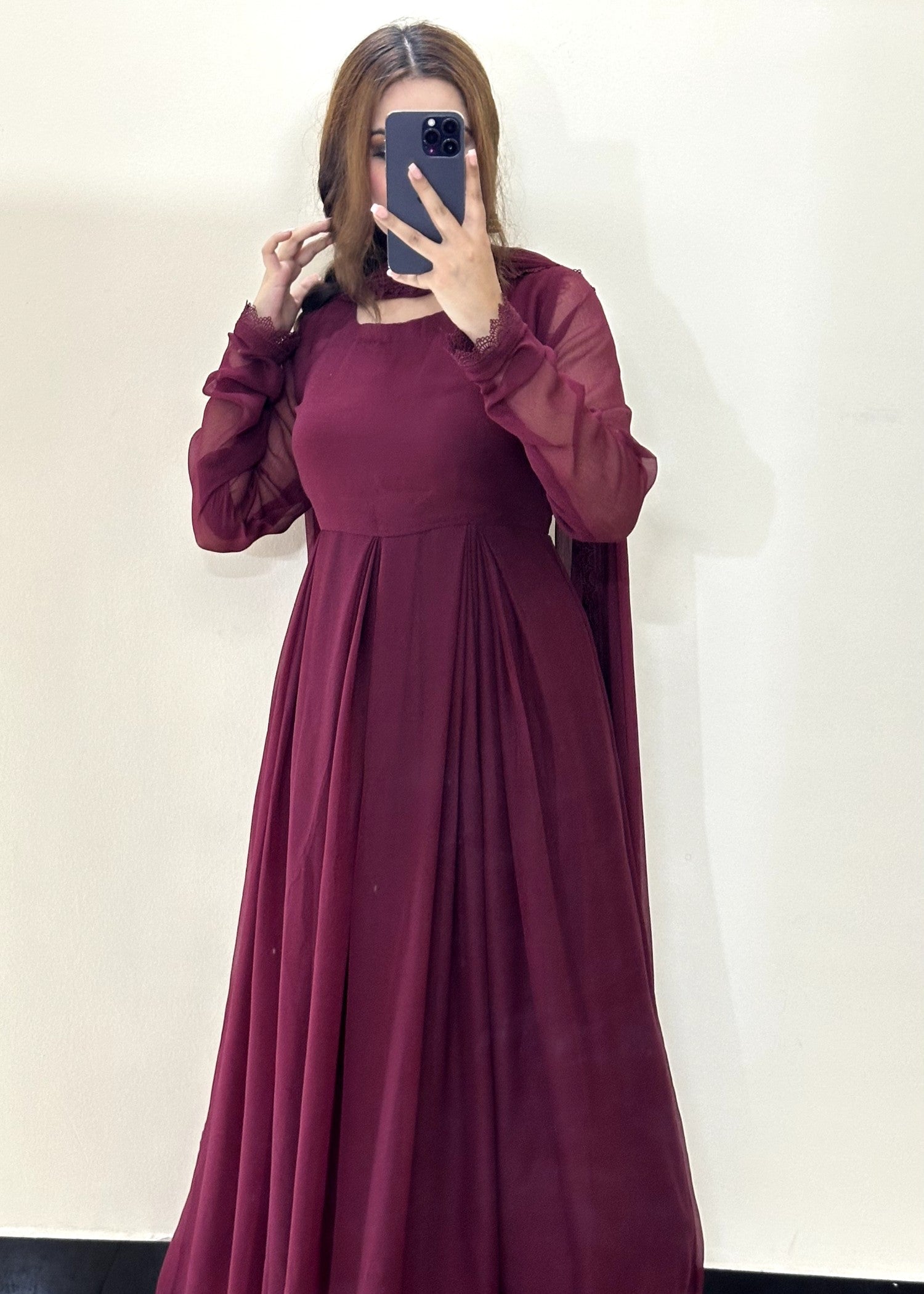 bemberg crinkle chiffon Anarkali in Burgundy
