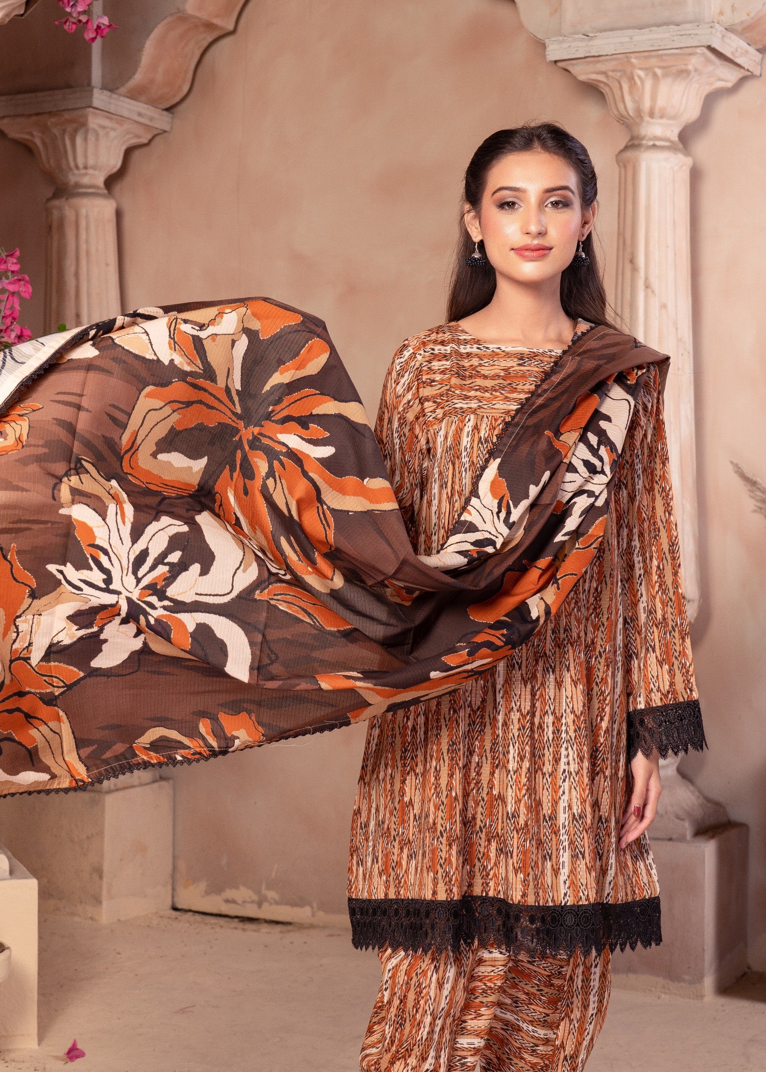 lawn Kurta Set in Brown