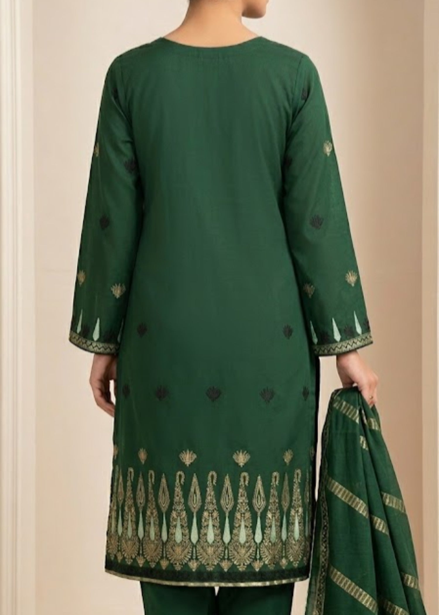 lawn Kurta Set in Blonde, bottle green