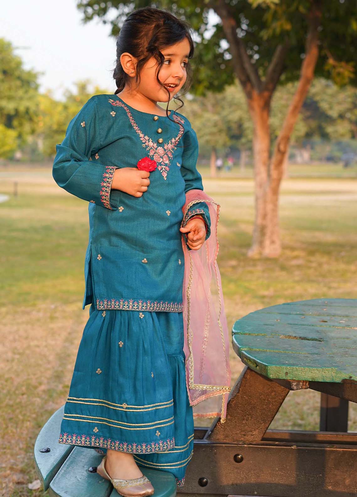 raw silk Gharara in Turquoise