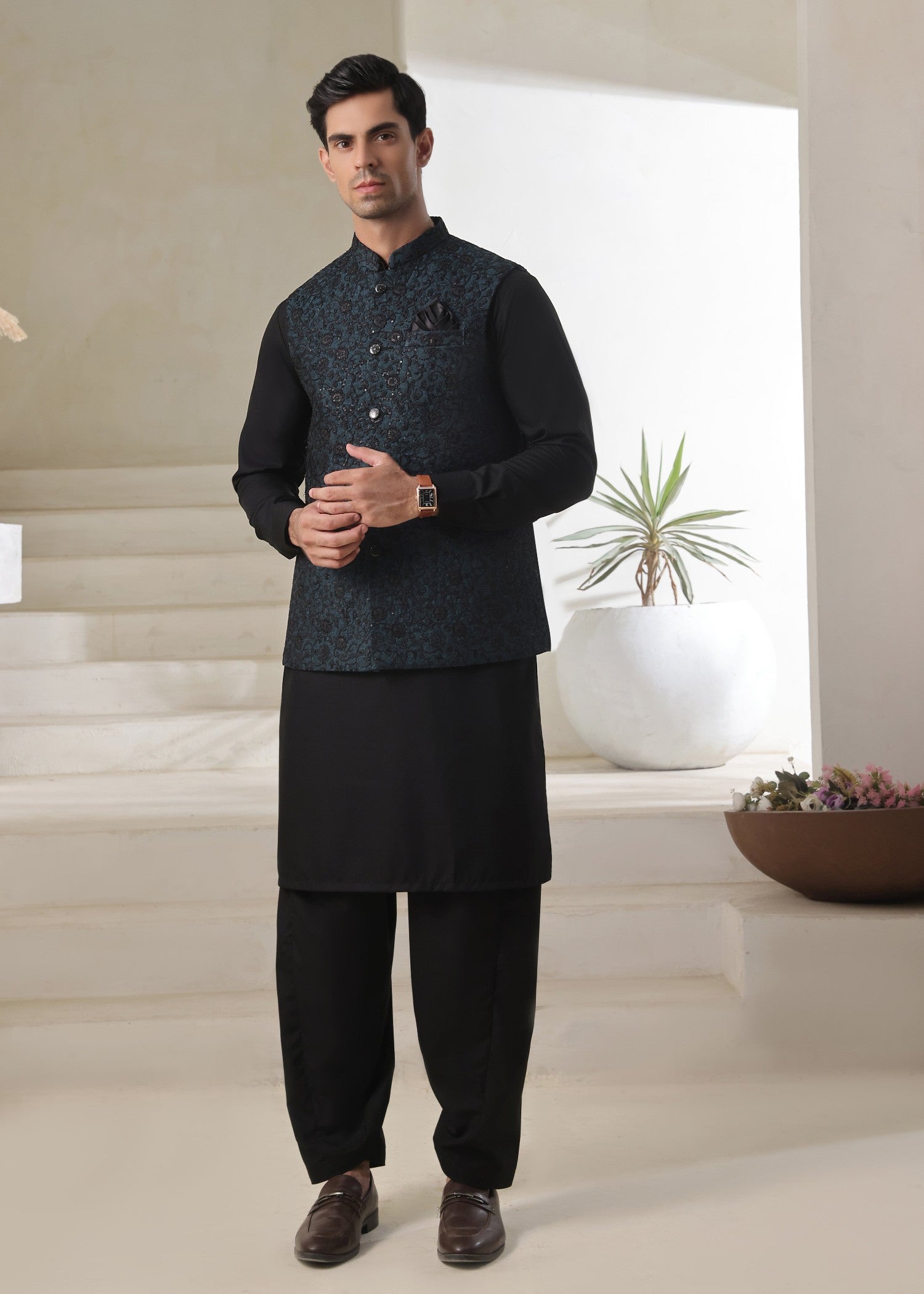 jamawar Waistcoat in Teal