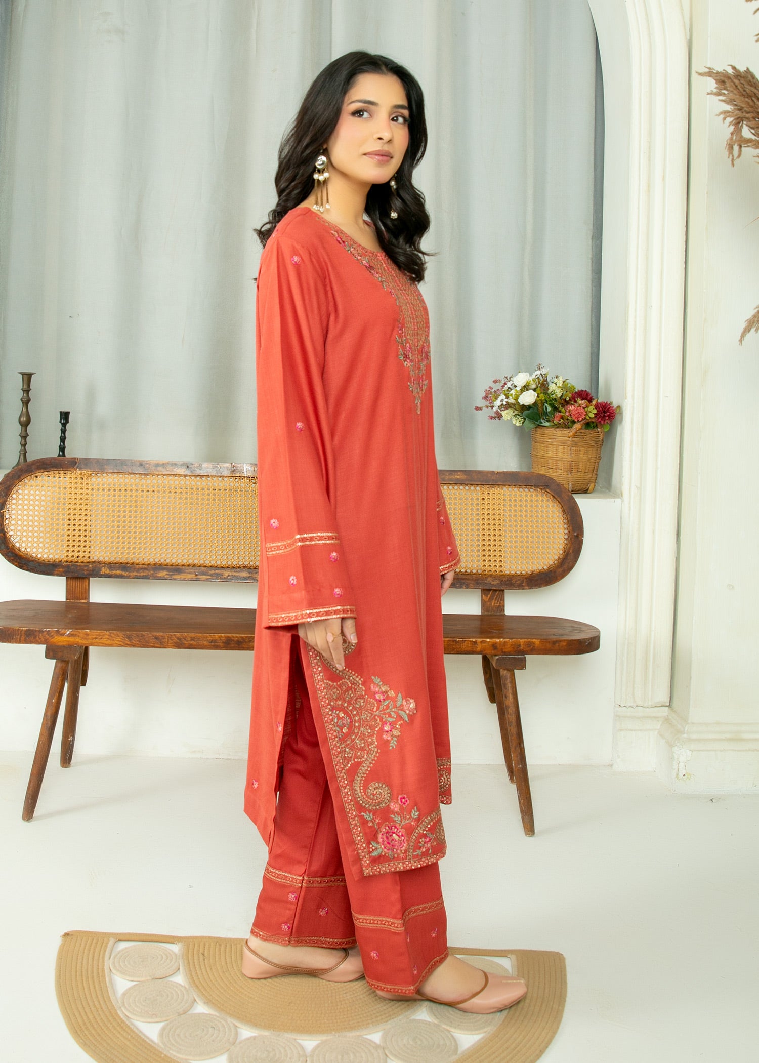 peach wool Kurta Set in Coral orange