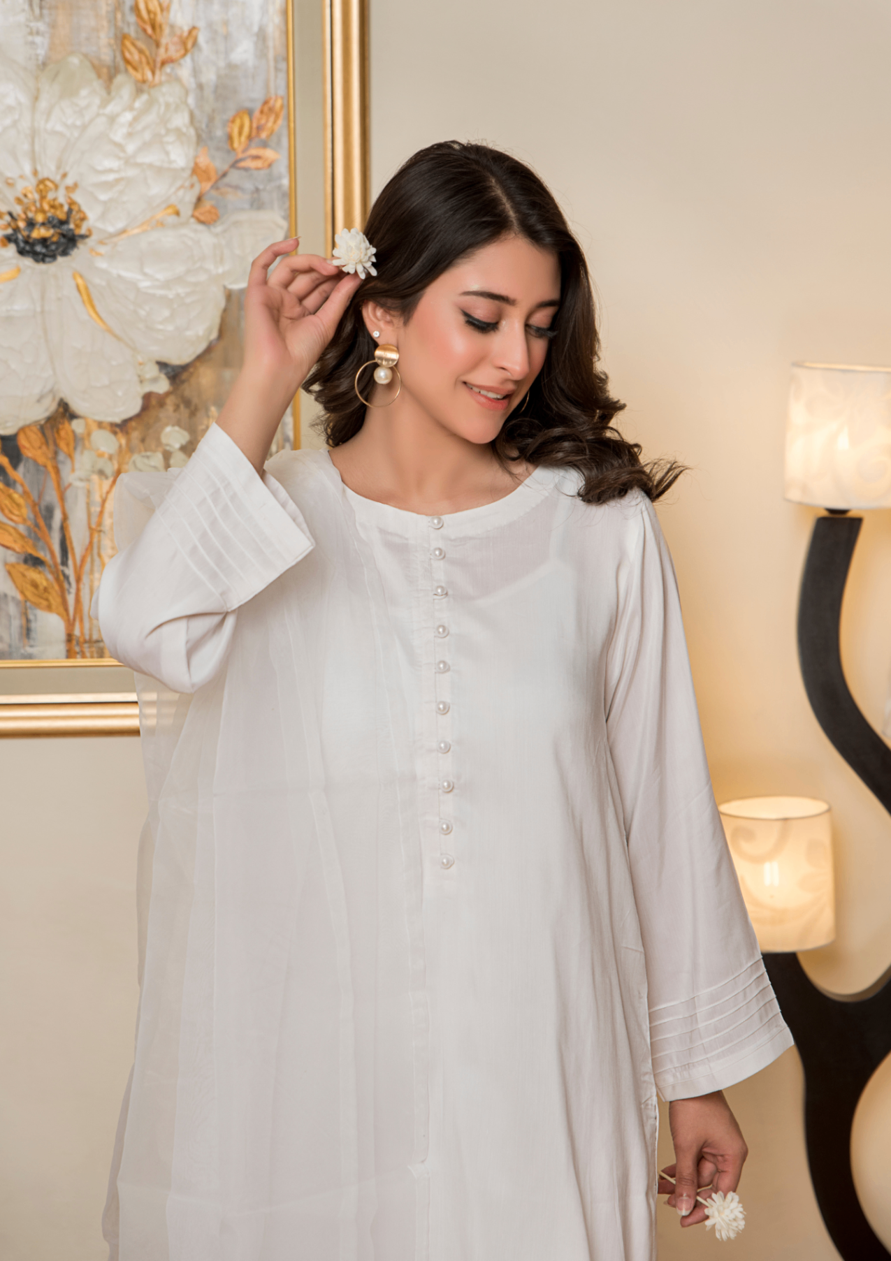 viscose raw silk Kurta Set in White
