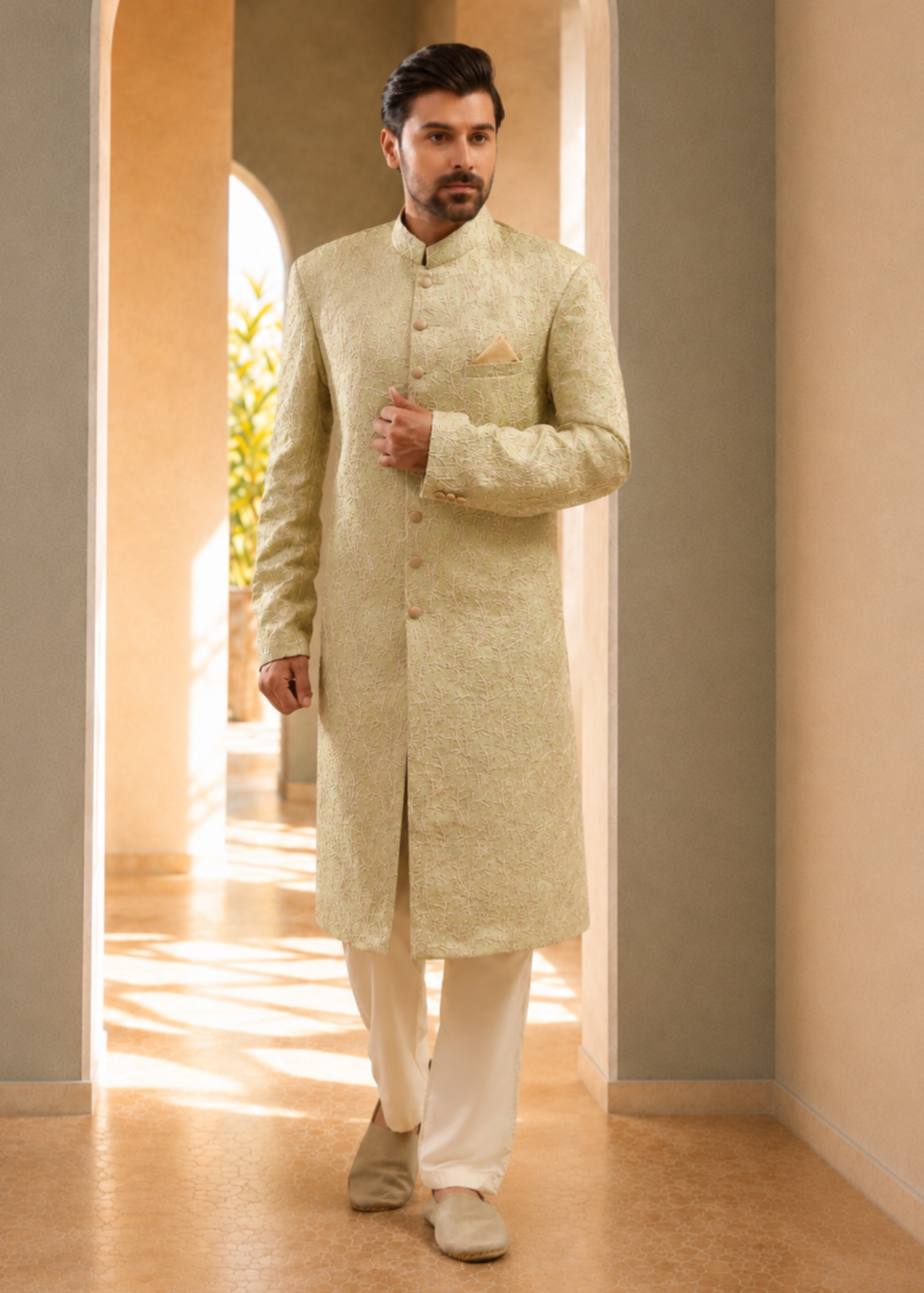 jamawar Sherwani in Tea green, autumn gold