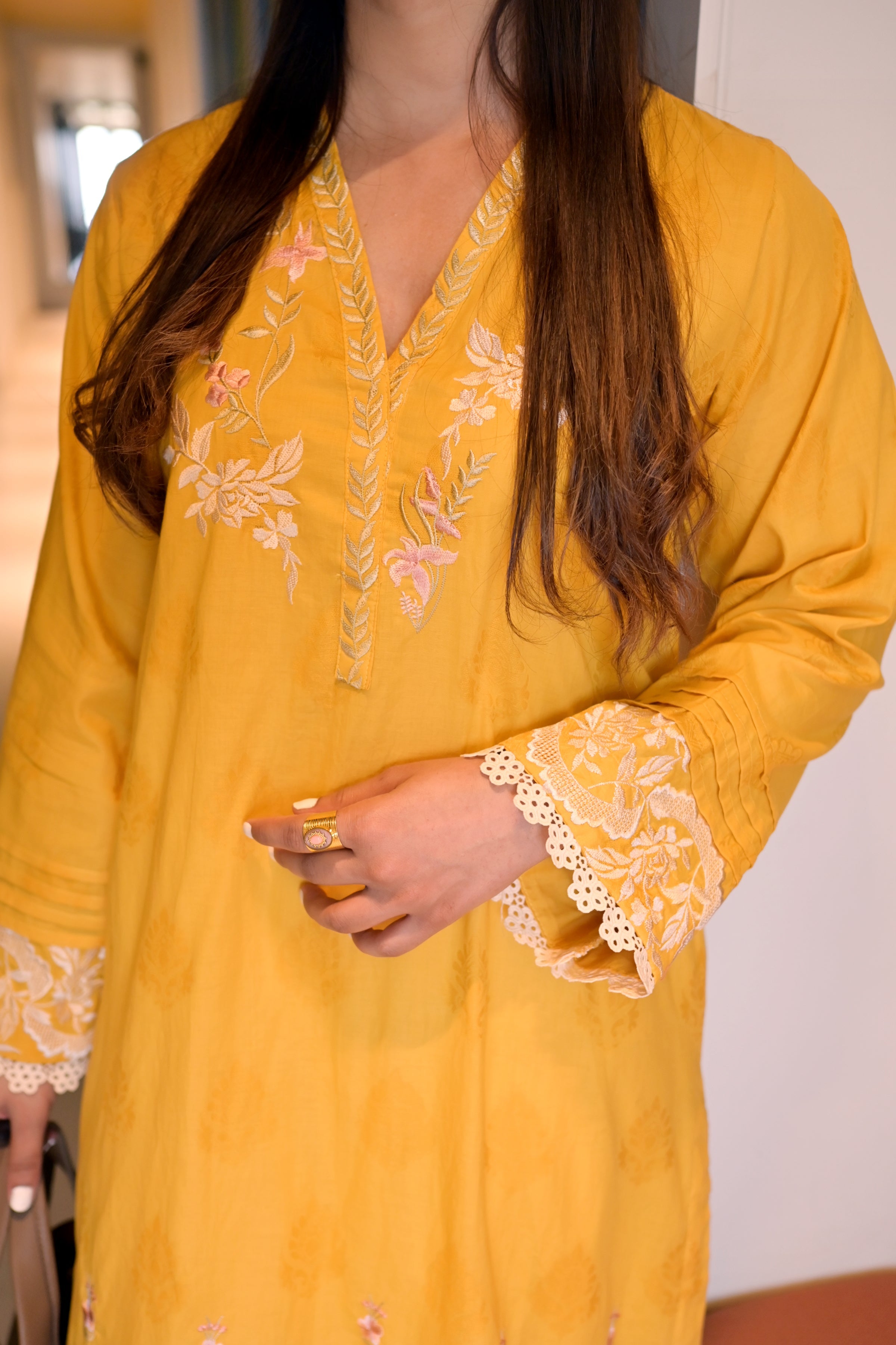 jacquard Kurti in Mellow yellow